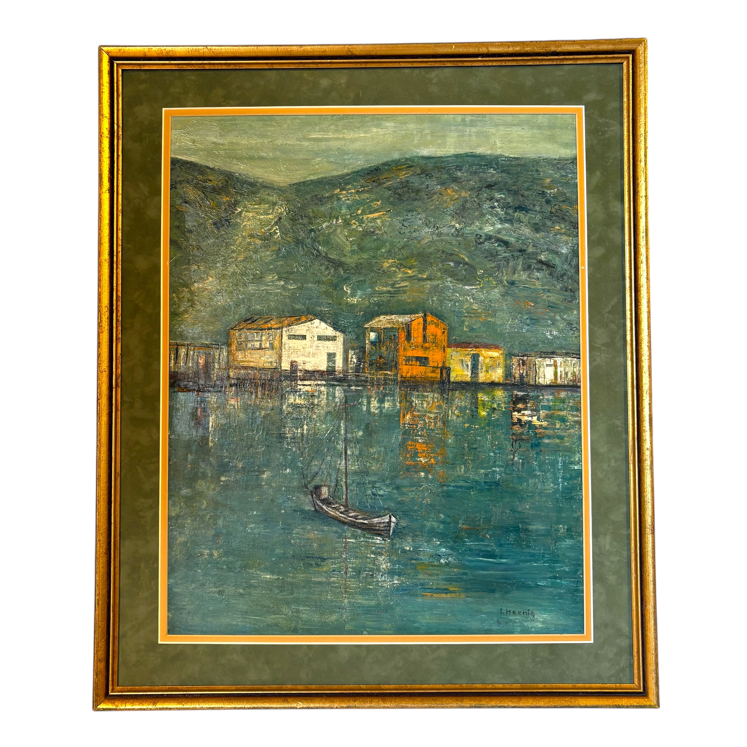 Inge Hoenig - Vintage Painting of Harbourside &amp; Shacks - Coast Consignment - image 1