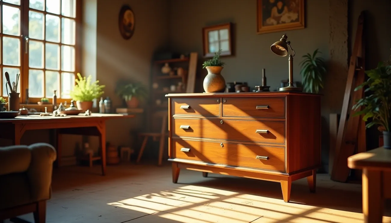 Sunlit vintage wooden dresser with a vase and lamp in a cozy room filled with plants and antique decor.