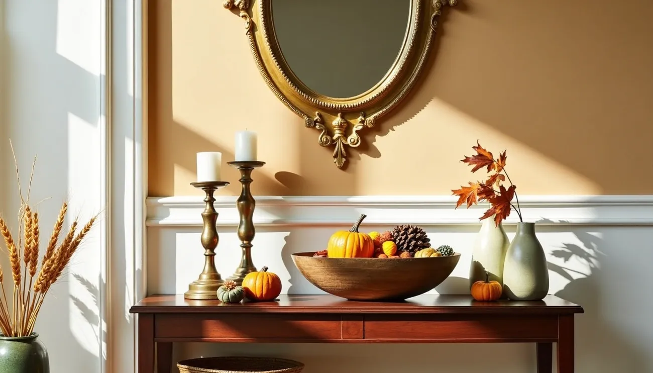 Sunlit autumn home decor with pumpkins, pinecones, brass candlesticks, dried wheat, and vases under a gold mirror.