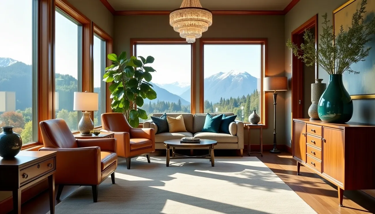 Sunlit North Vancouver living room with leather chairs, a sofa, large windows, mountain views, and stylish decor from Coast Consignment.
