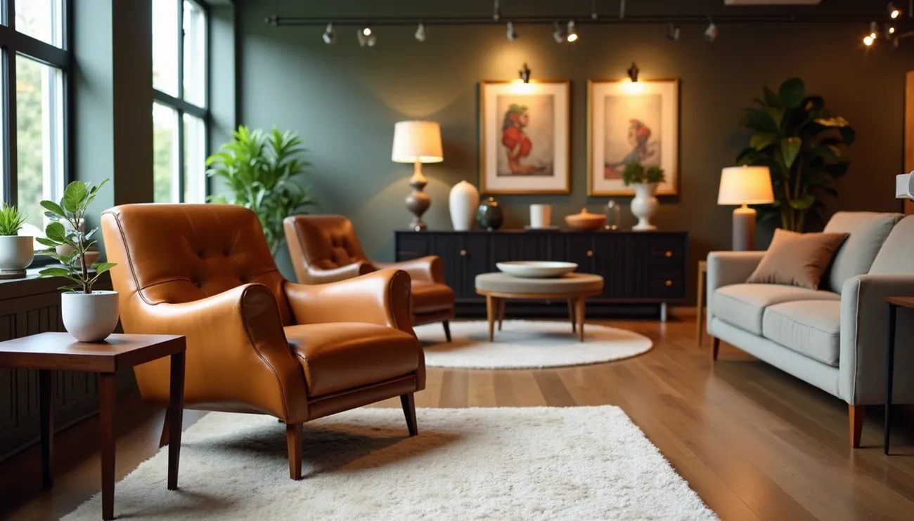 Cozy living room with leather armchairs, a sofa, plants, and warm lighting showcasing stylish furniture for consignment selling.