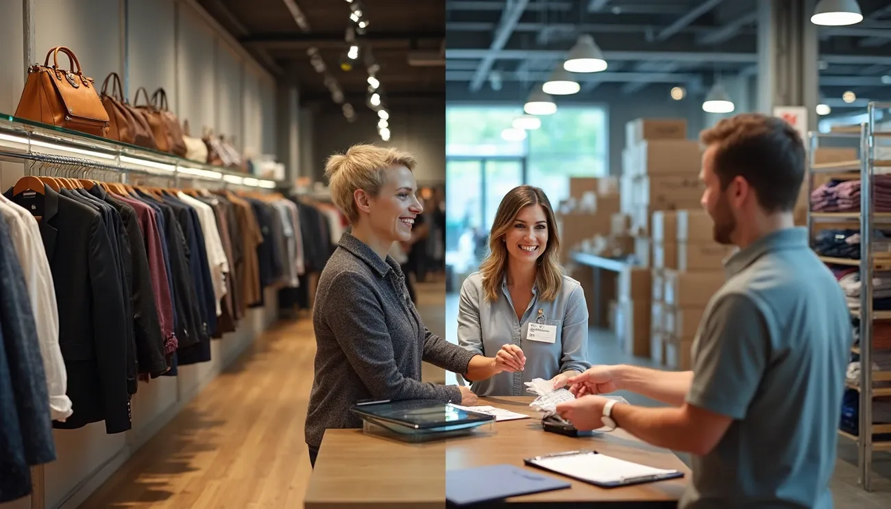 Customers and employees interacting in a consignment store and a donation center setting side by side.