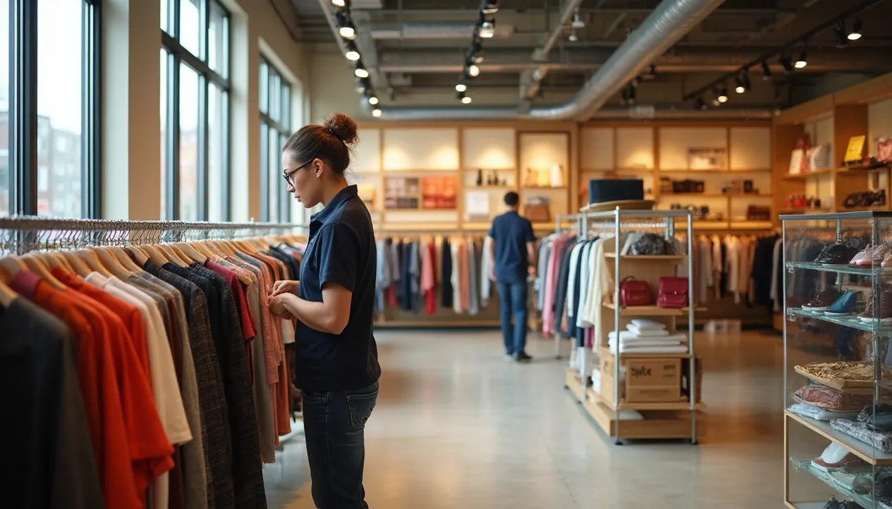 Shoppers browse clothing racks inside a well-lit thrift store filled with various apparel and accessories.