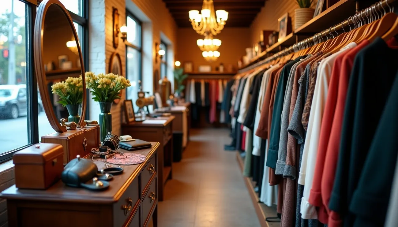 Cozy thrift store aisle with vintage clothing on racks and a wooden dresser displaying jewelry and decor near a window.