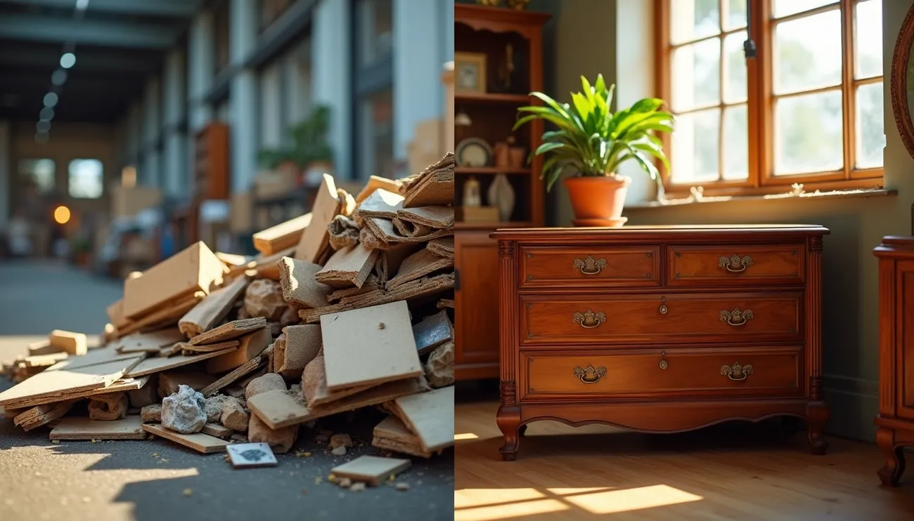 Pile of discarded fast furniture waste contrasts with a polished wooden dresser in a sunlit room promoting consignment.