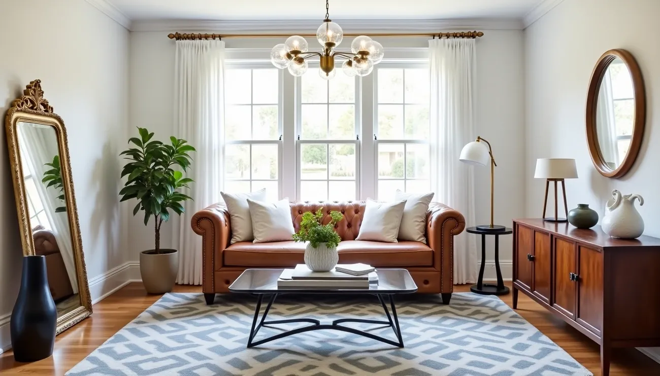 Bright modern living room with a brown leather antique sofa, gold-framed mirror, wooden sideboard, and geometric rug.