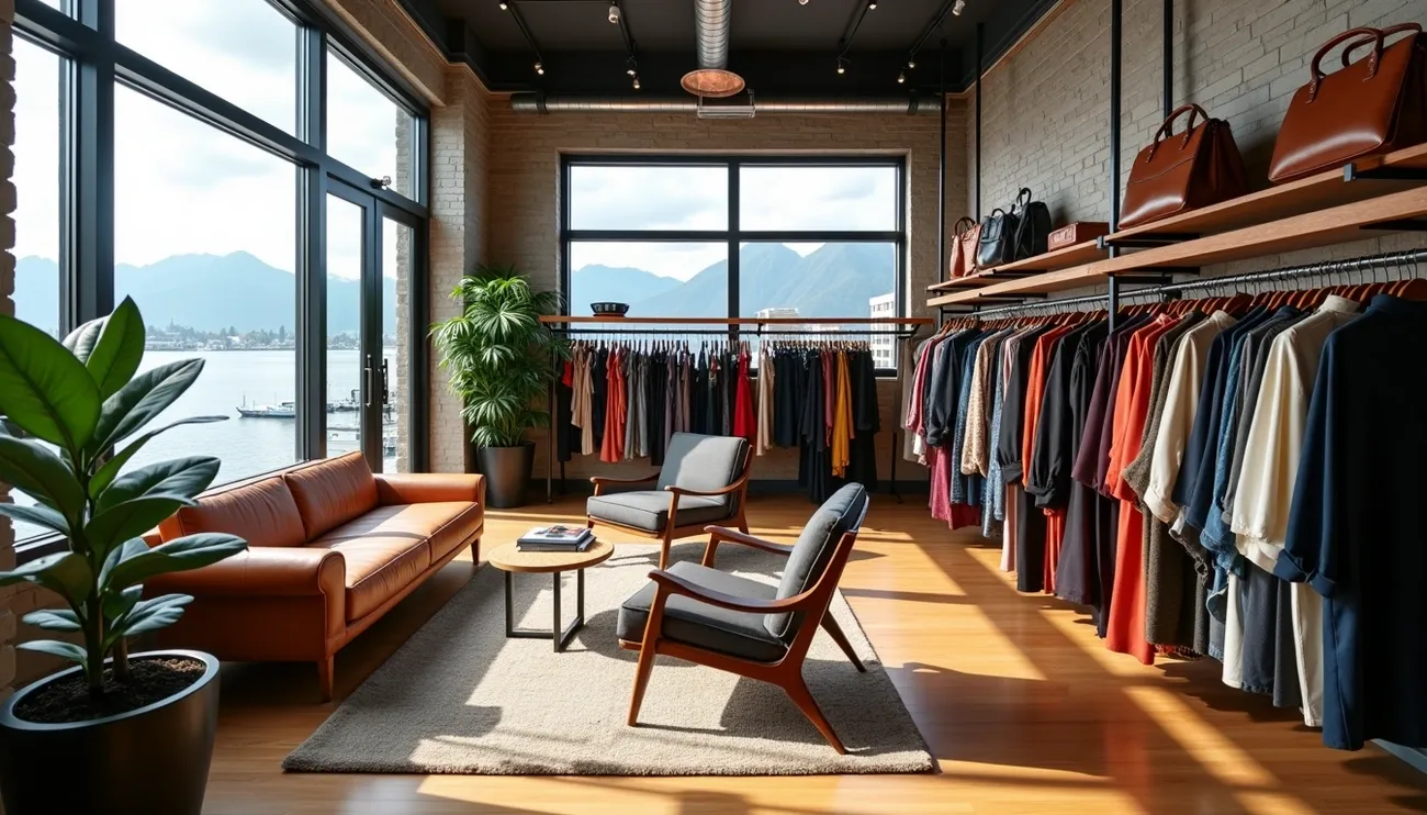 Bright modern consignment shop interior with clothing racks, leather sofa, chairs, and large windows overlooking water and mountains.