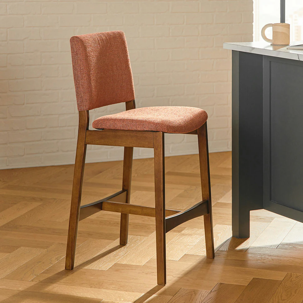 Pair of Walnut and Rosehip Orange Counter Stools - Coast Consignment - image 6