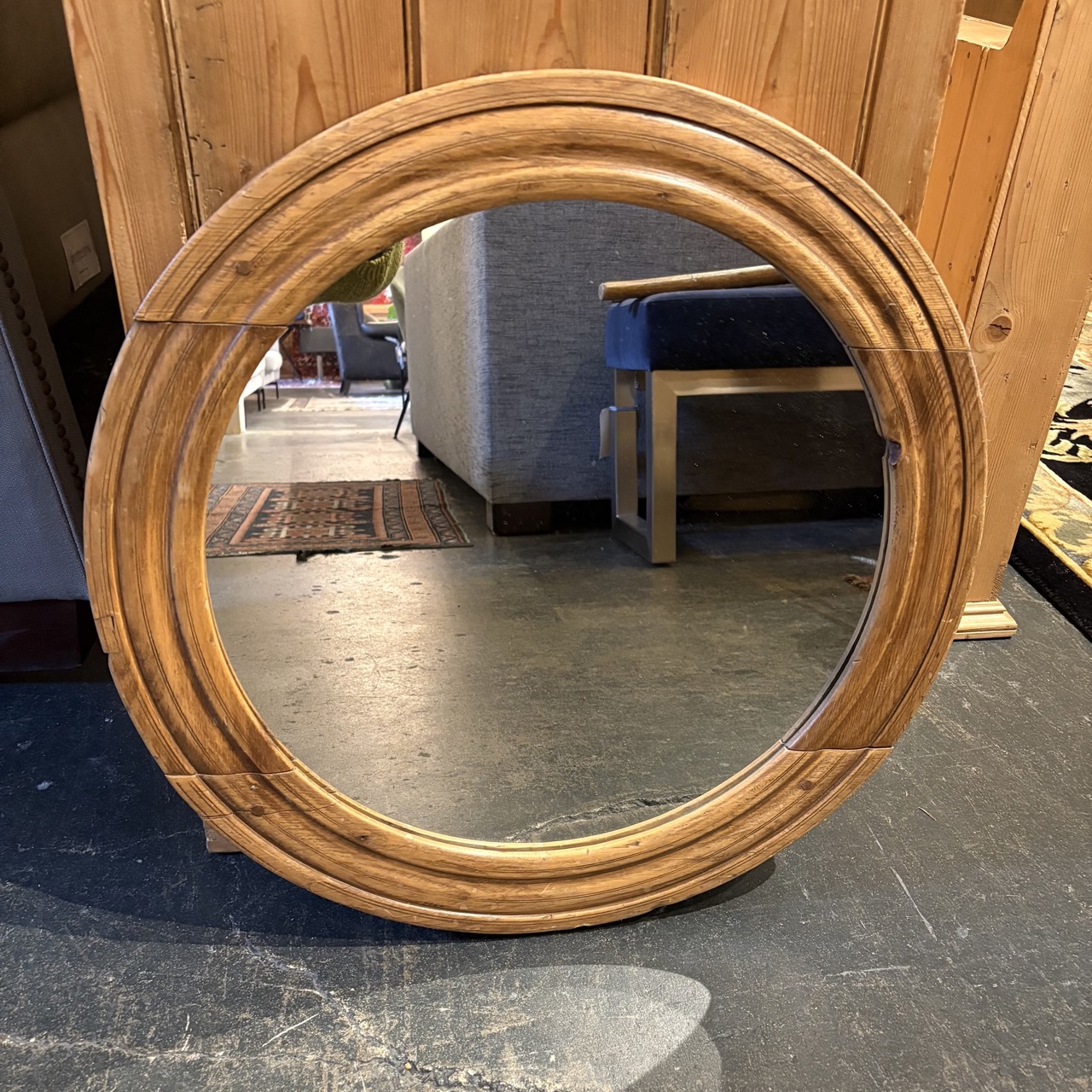 Vintage Round Wooden Mirror - Image 2