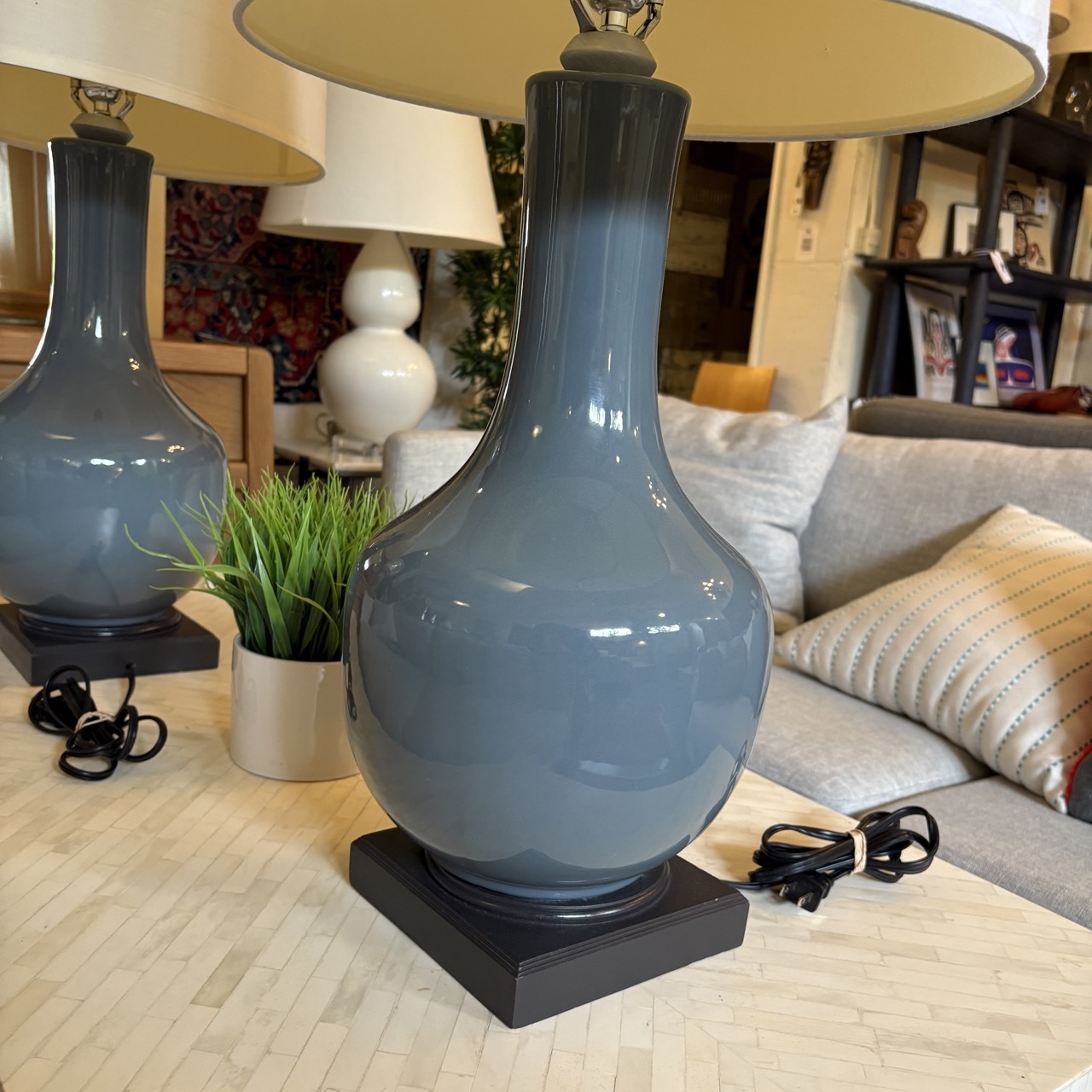 Pair of Grey/Blue Ceramic Table Lamps - Image 3