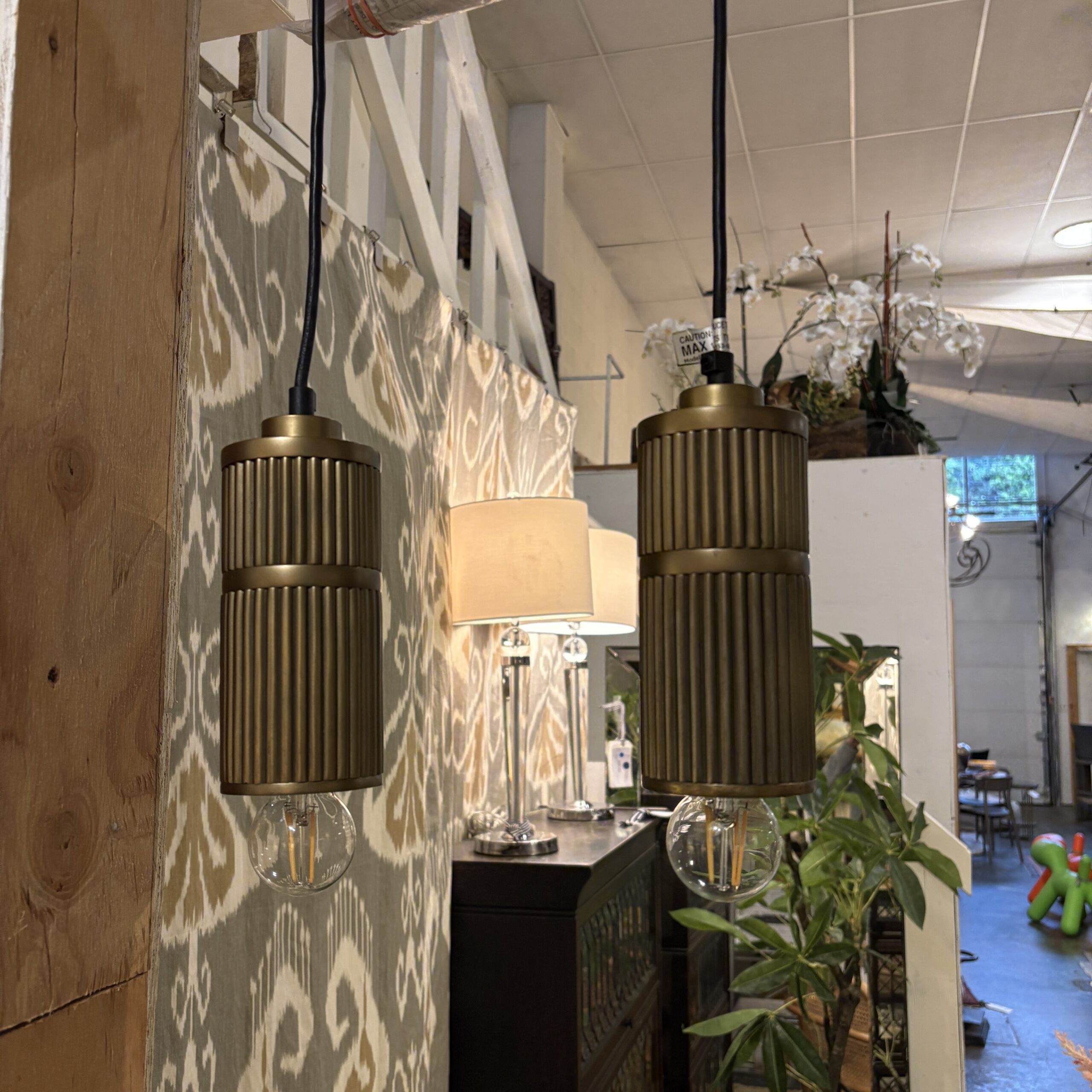 Pair of Flamant Reeded Brass Pendants - Image 2