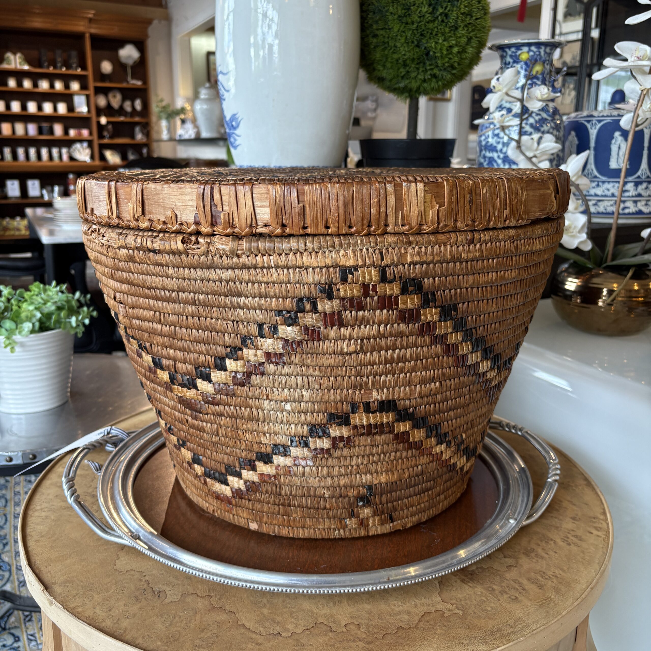 Large Vintage Indigenous Cedar Basket with Lid - Coast Consignment