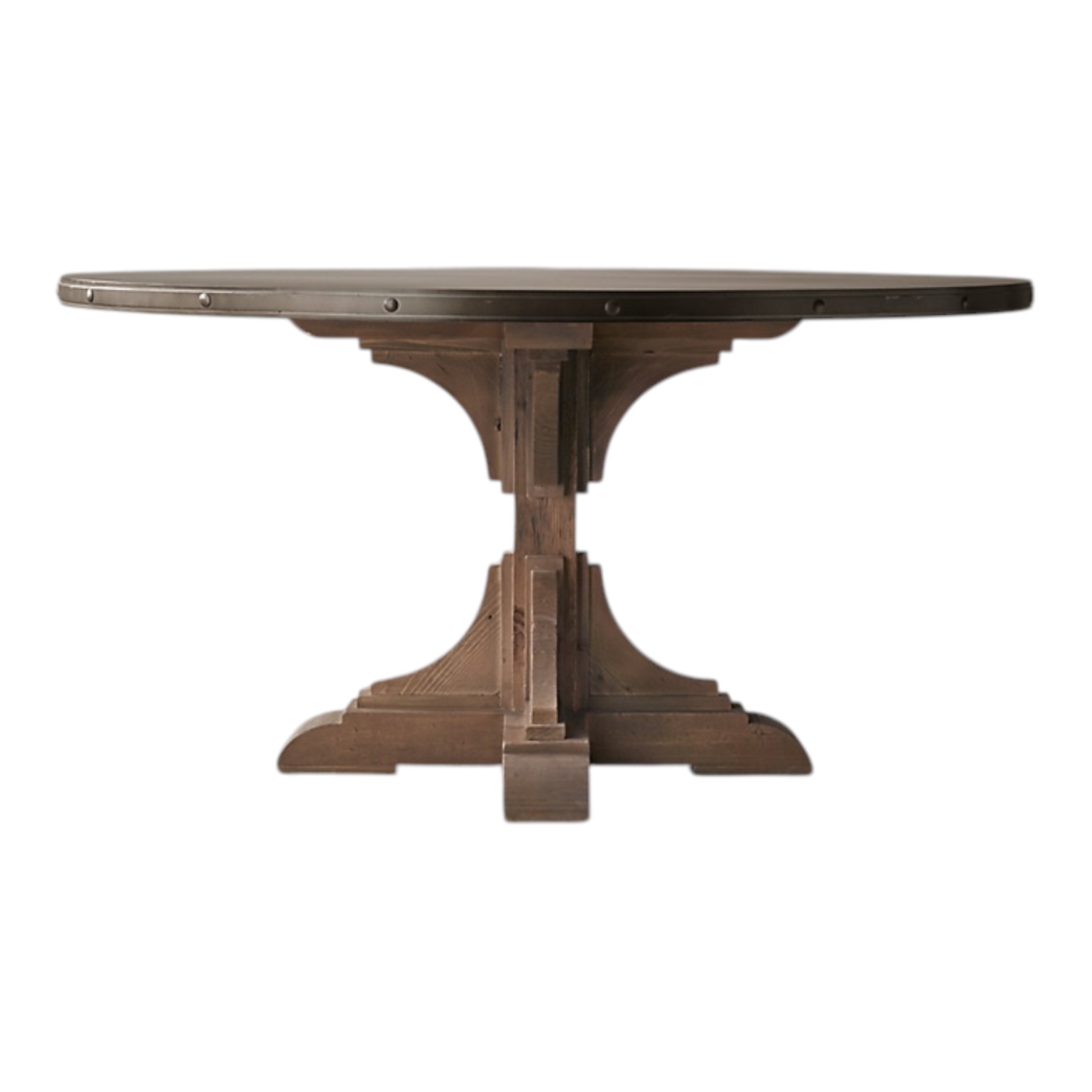 RH 20th C. Reclaimed Pine &amp; Zinc Trestle Round Dining Table - Coast Consignment