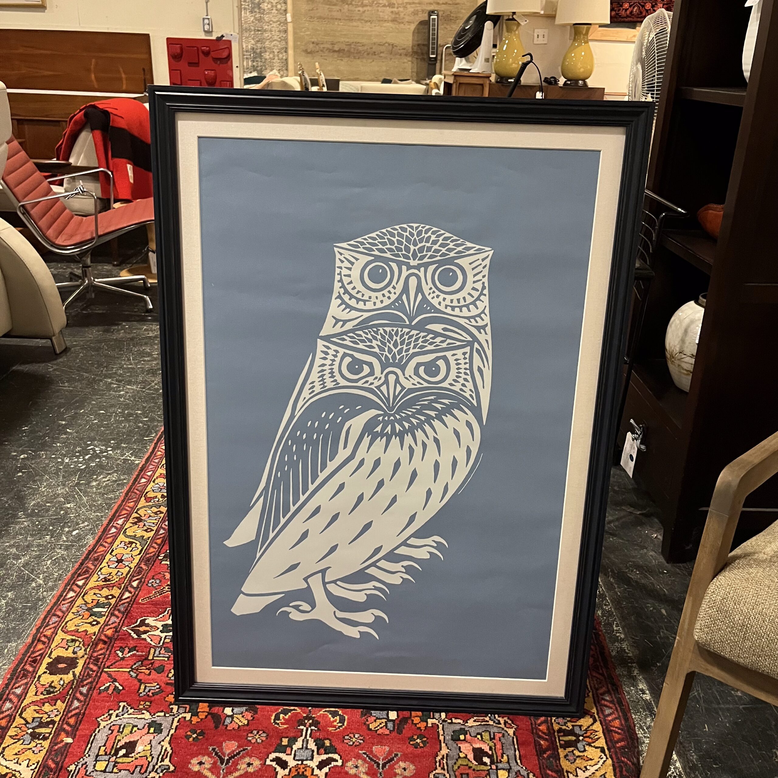 Framed Blue &amp; White Owl Print - Coast Consignment