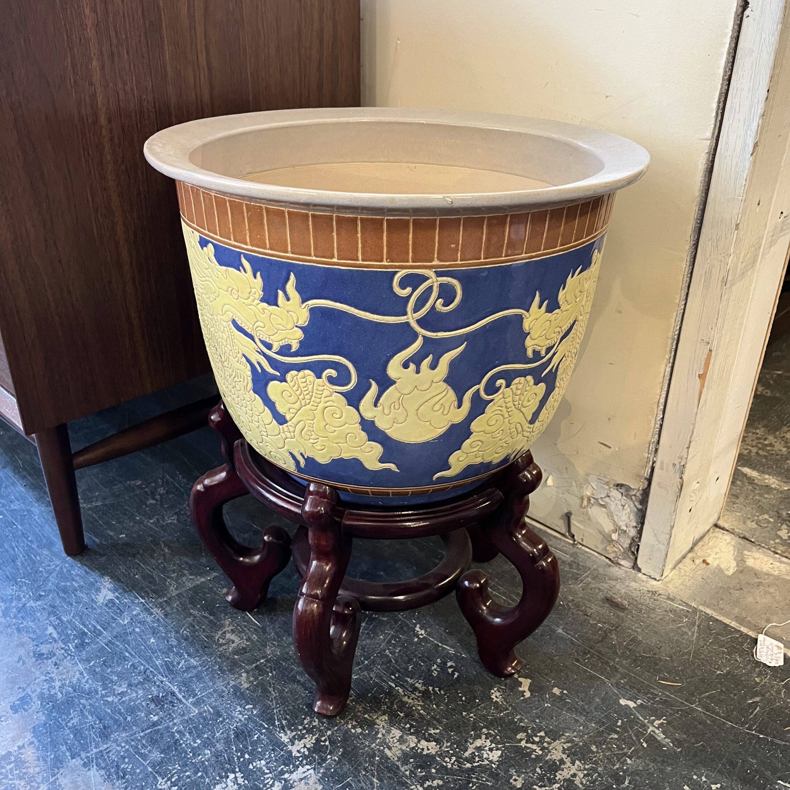 Blue &amp; Cream Chinese Dragon Pot - Coast Consignment