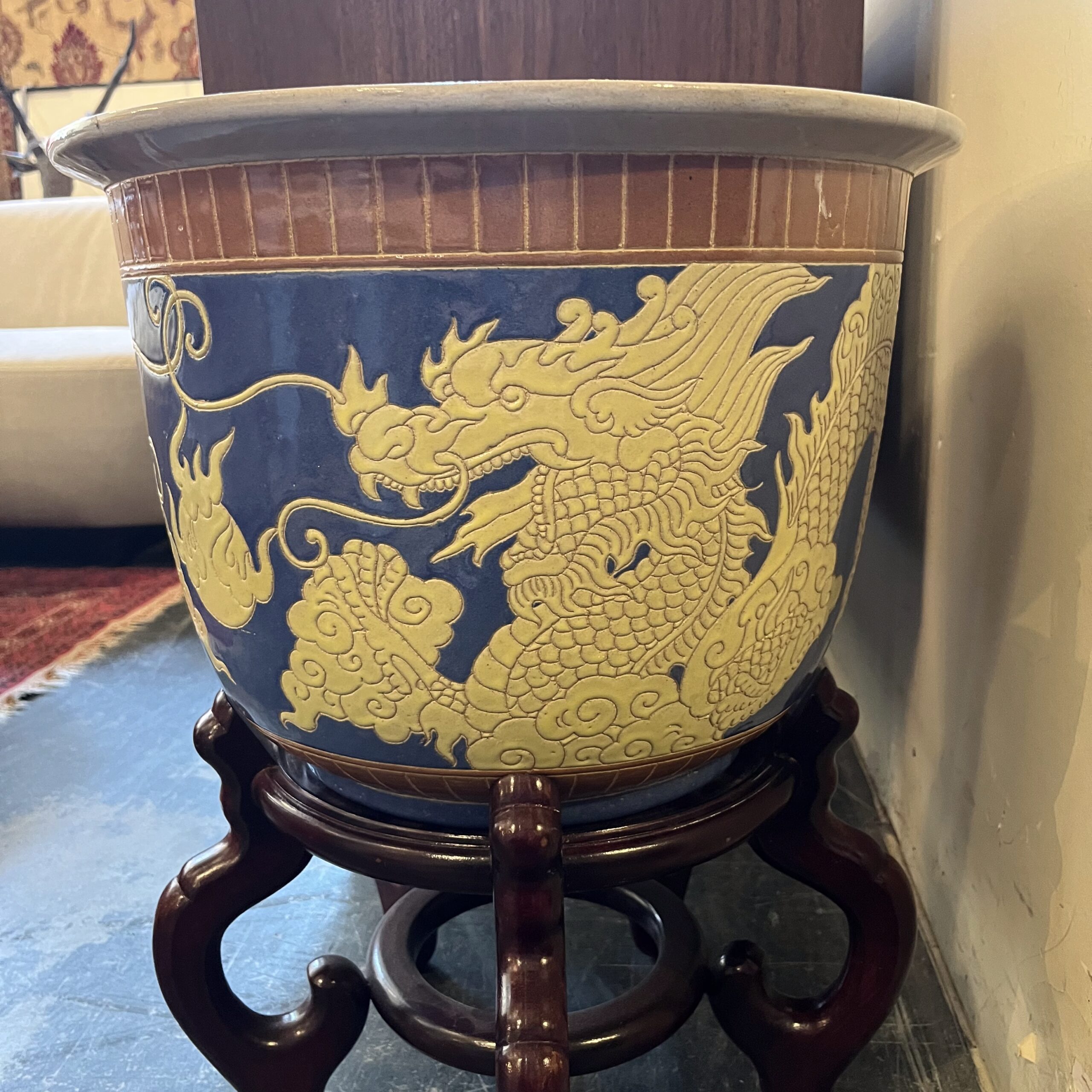 Blue &amp; Cream Chinese Dragon Pot - Coast Consignment