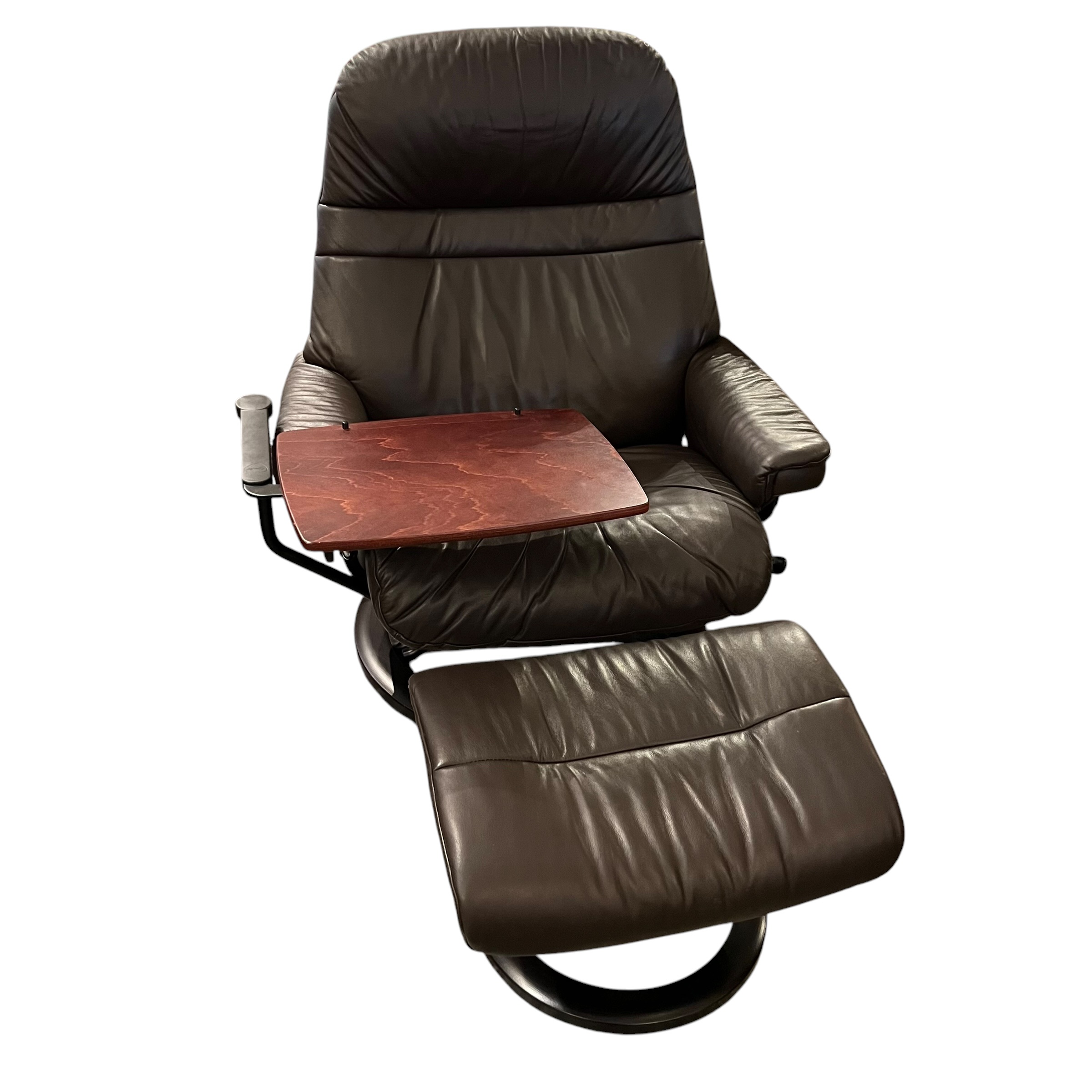Brown Leather Stressless Chair with Side Table &amp; Ottoman - Coast Consignment