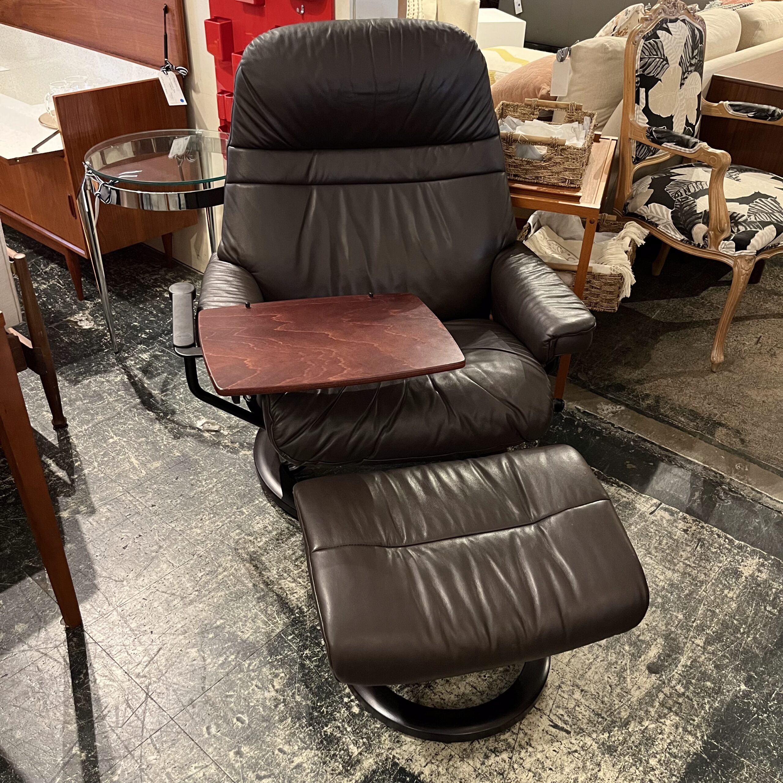 Brown Leather Stressless Chair with Side Table &amp; Ottoman - Coast Consignment
