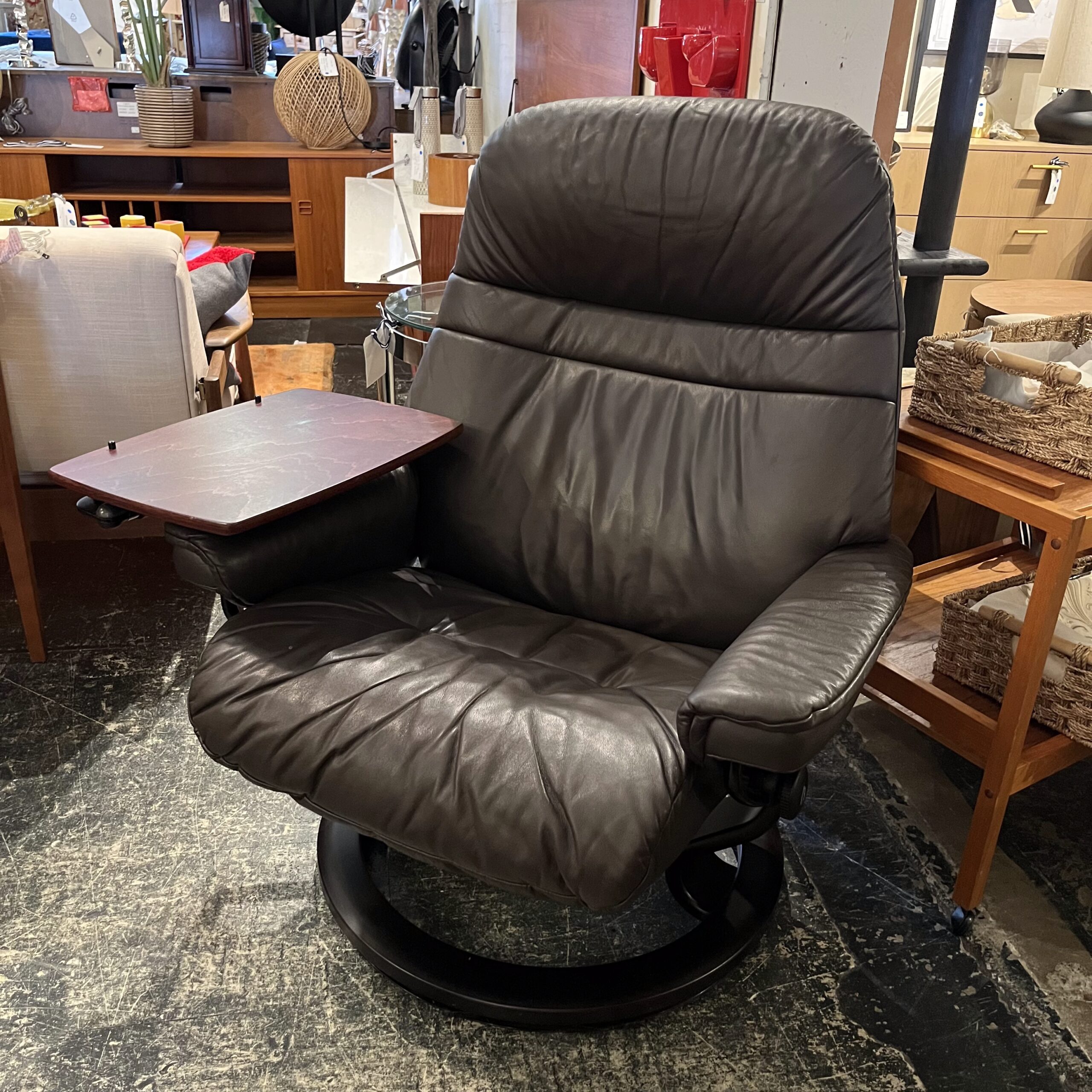 Brown Leather Stressless Chair with Side Table &amp; Ottoman - Coast Consignment