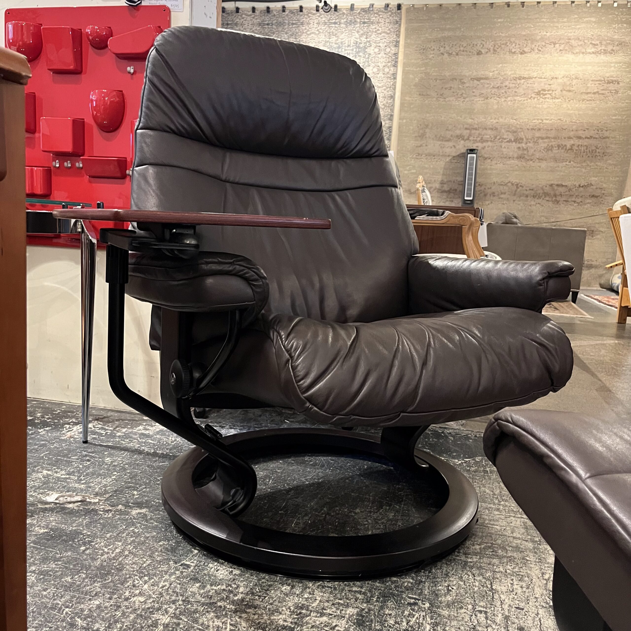 Brown Leather Stressless Chair with Side Table &amp; Ottoman - Coast Consignment