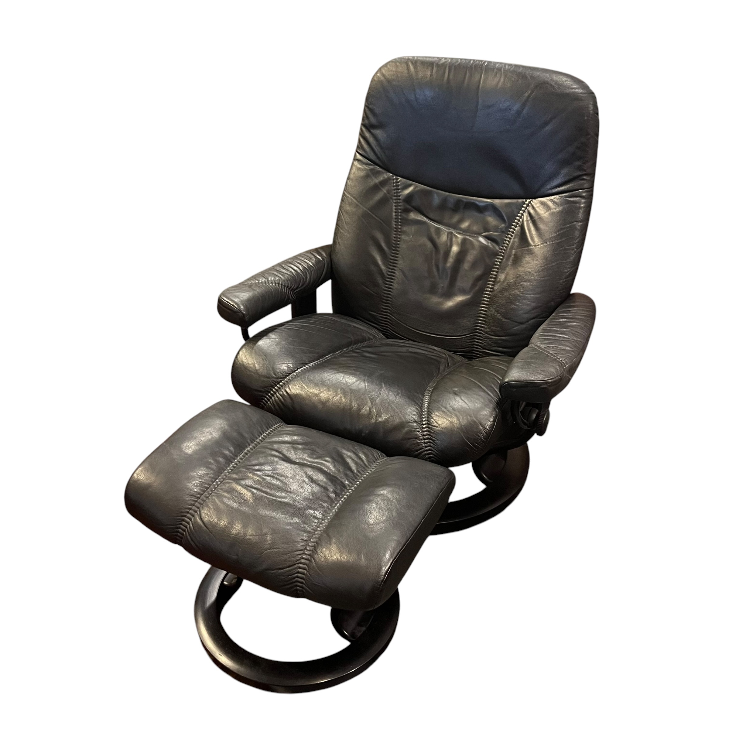 Black Leather Stressless Recliner with Ottoman - Coast Consignment