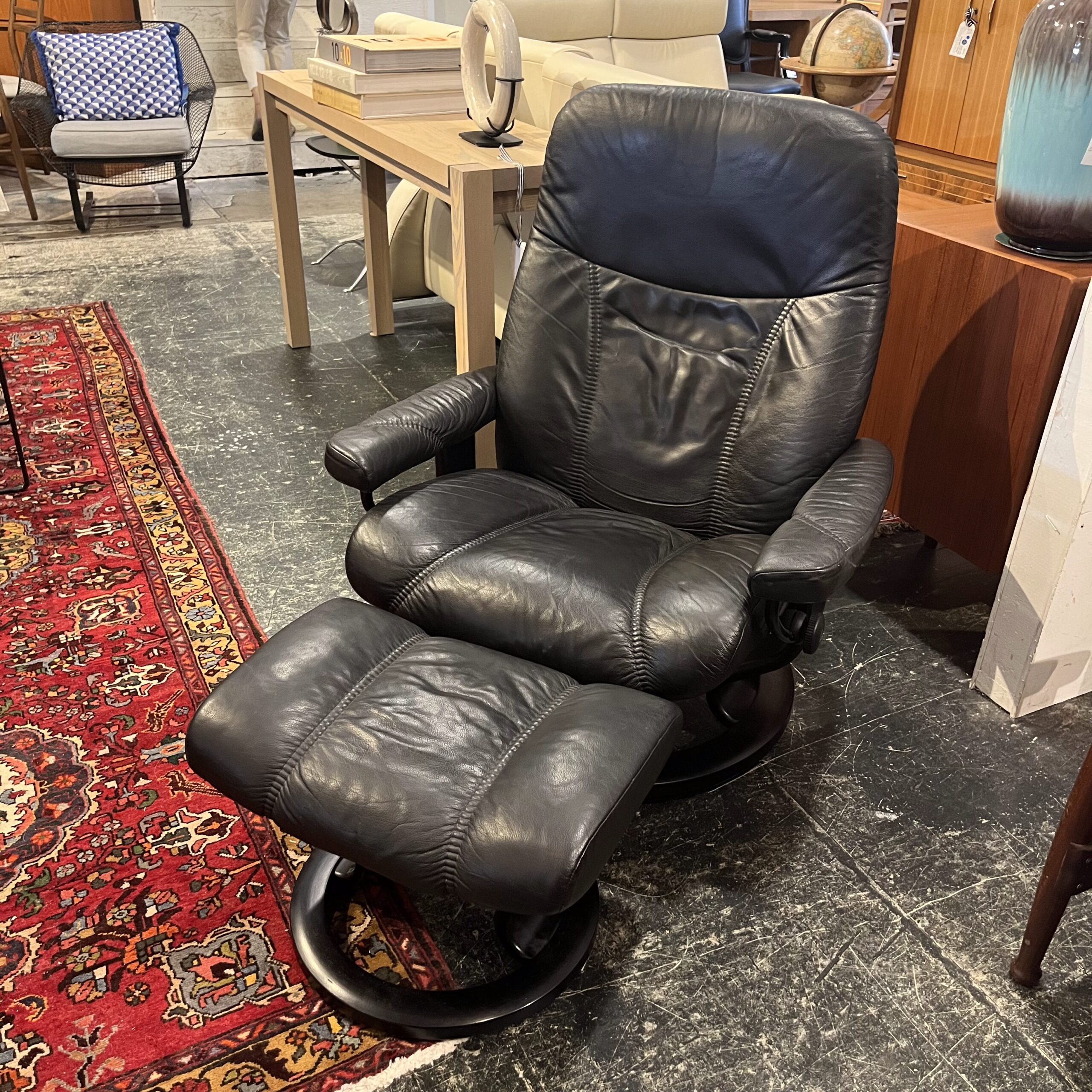 Black Leather Stressless Recliner with Ottoman - Coast Consignment
