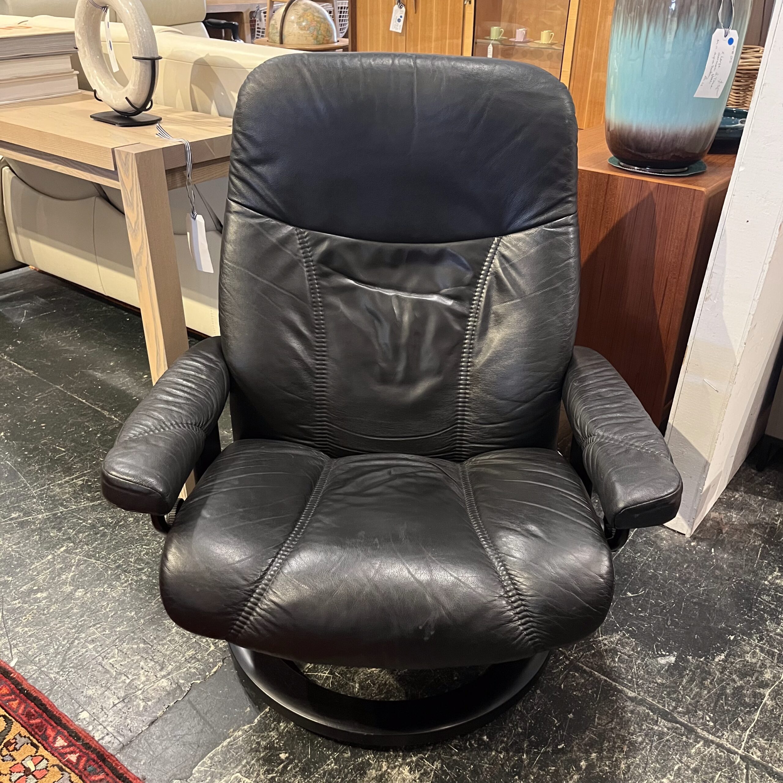 Black Leather Stressless Recliner with Ottoman - Coast Consignment