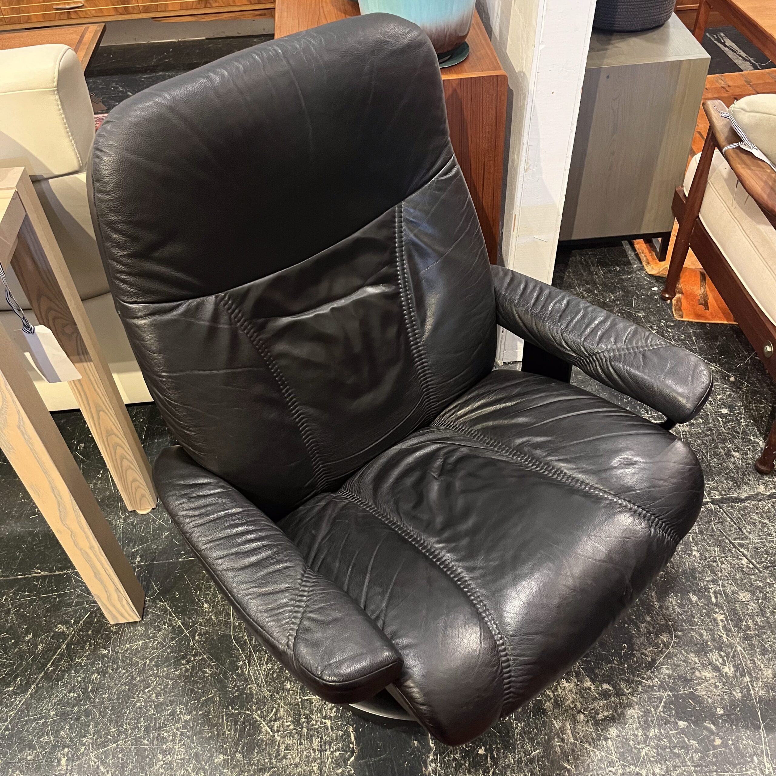 Black Leather Stressless Recliner with Ottoman - Coast Consignment
