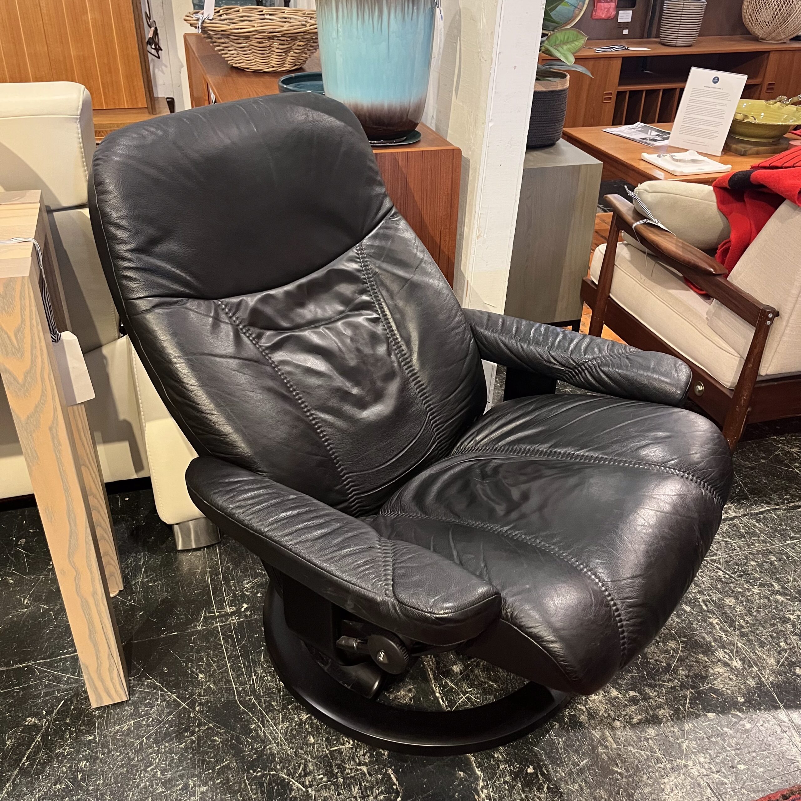 Black Leather Stressless Recliner with Ottoman - Coast Consignment