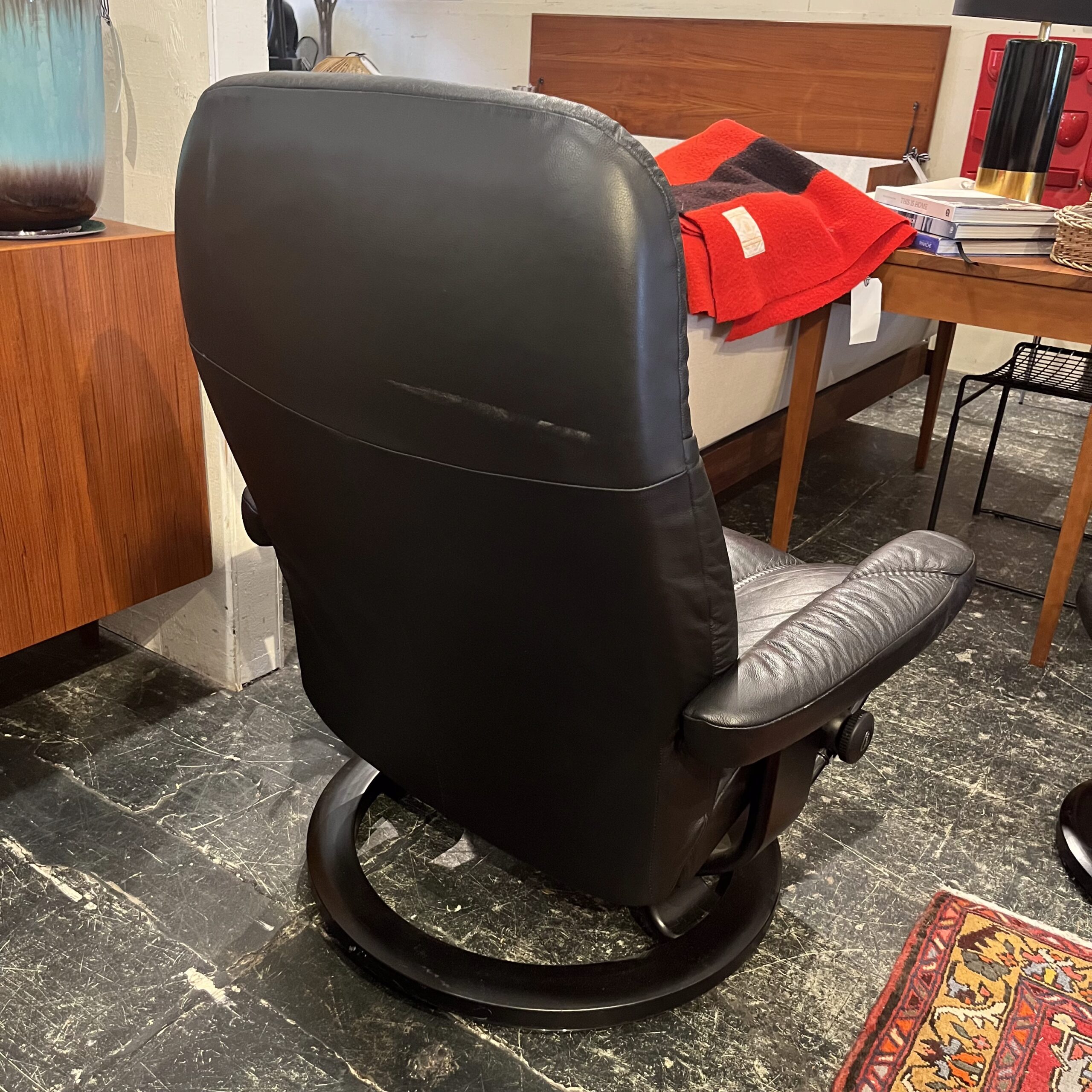 Black Leather Stressless Recliner with Ottoman - Coast Consignment