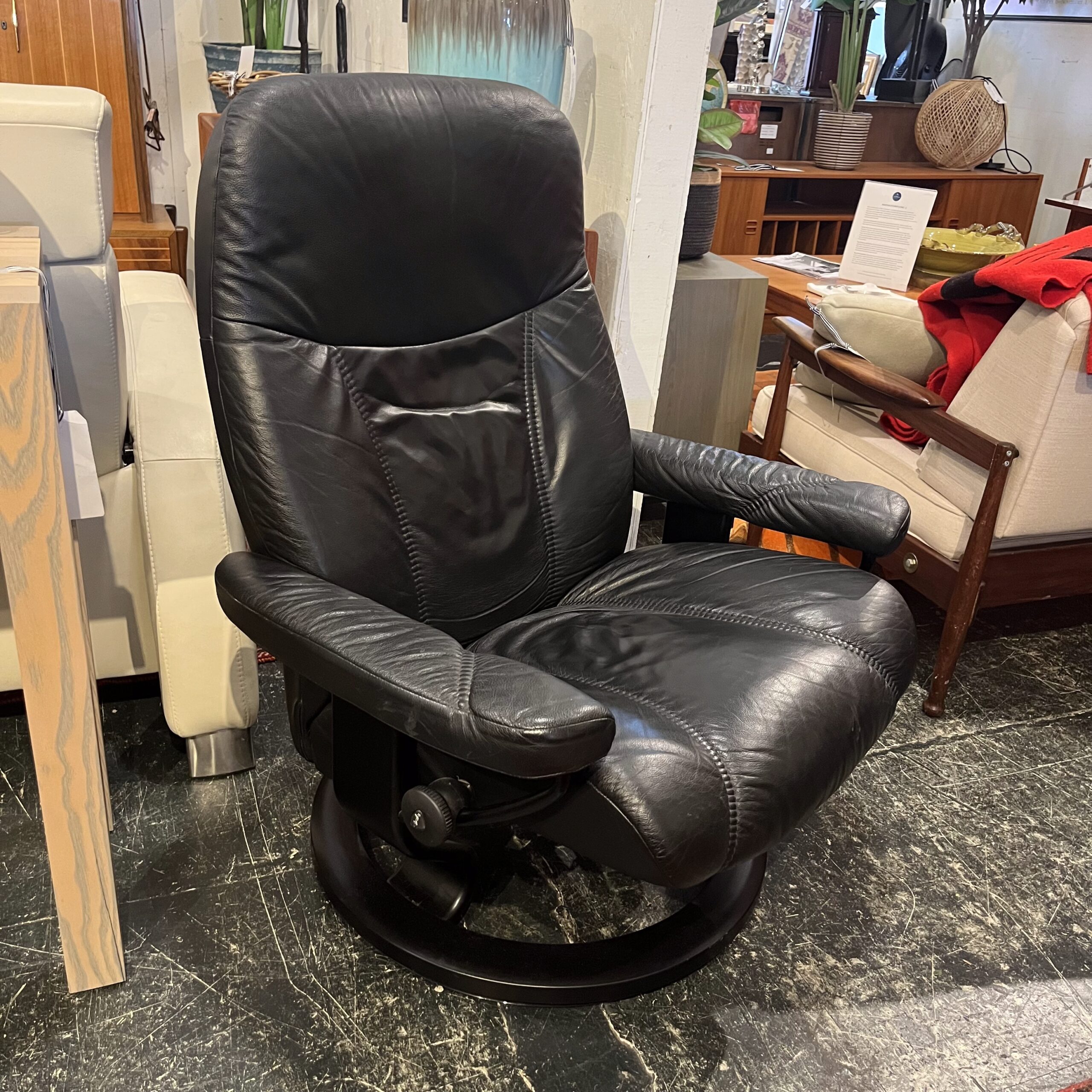Black Leather Stressless Recliner with Ottoman - Coast Consignment