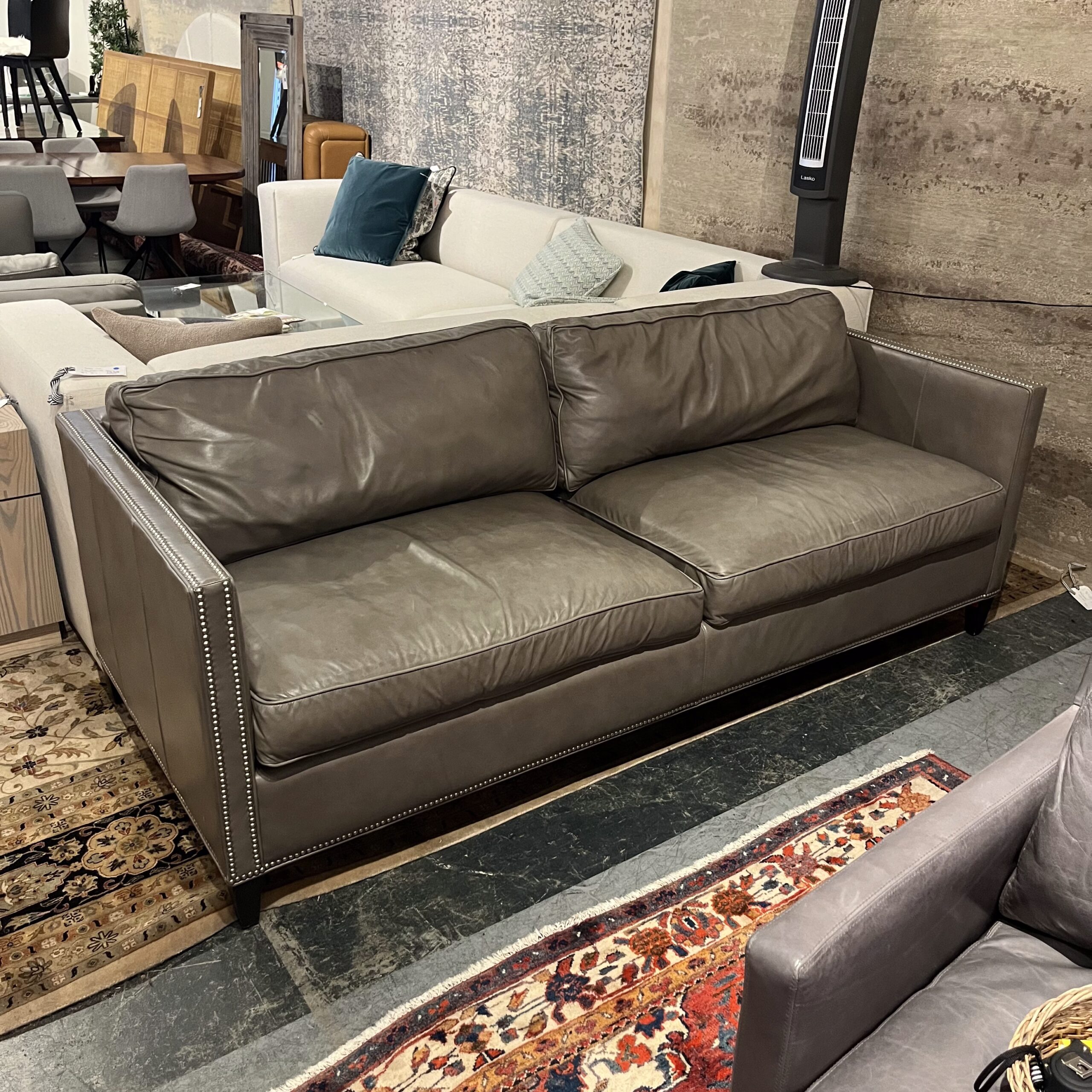 Cottswood Interiors Grey Leather Sofa with Nailhead Detailing - Coast Consignment