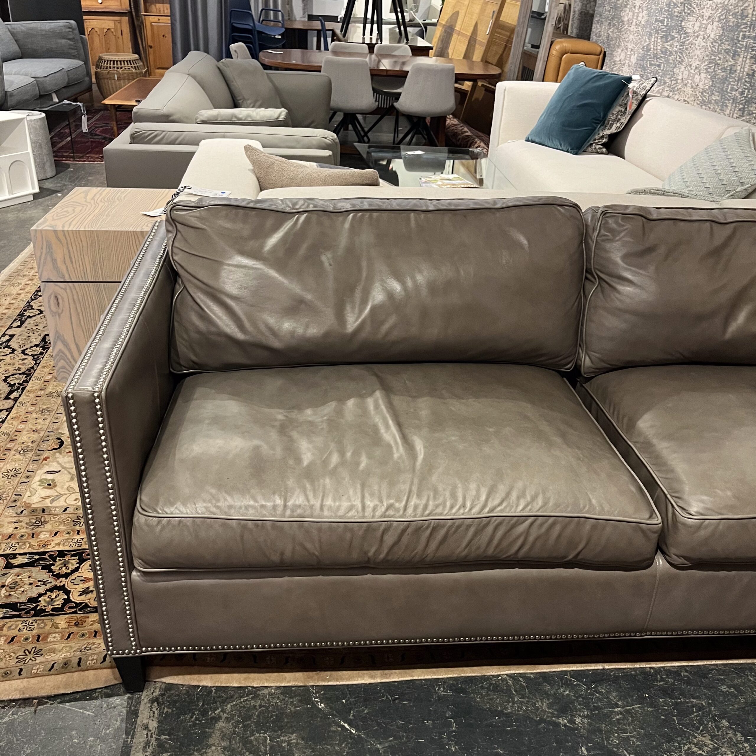 Cottswood Interiors Grey Leather Sofa with Nailhead Detailing - Coast Consignment