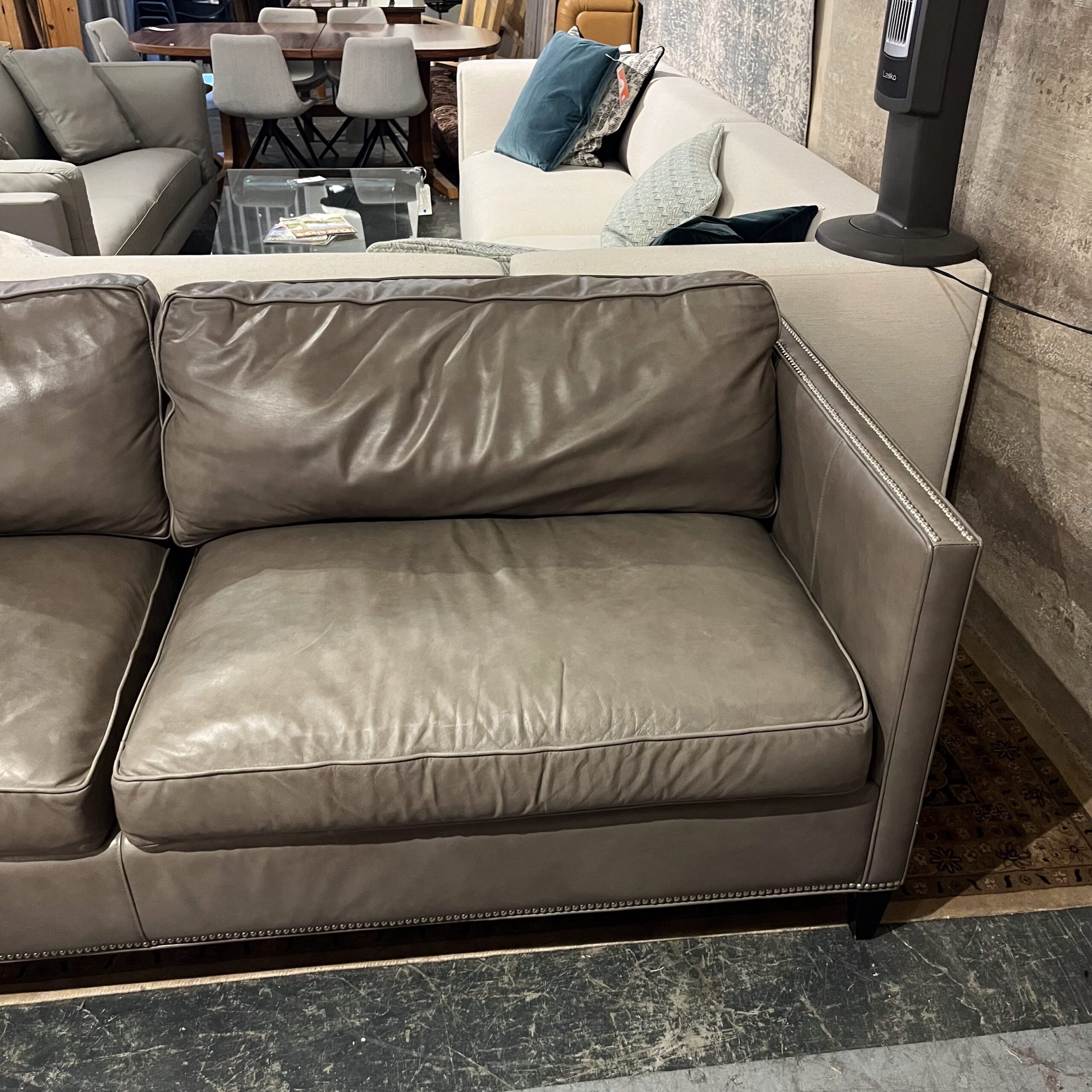 Cottswood Interiors Grey Leather Sofa with Nailhead Detailing - Coast Consignment