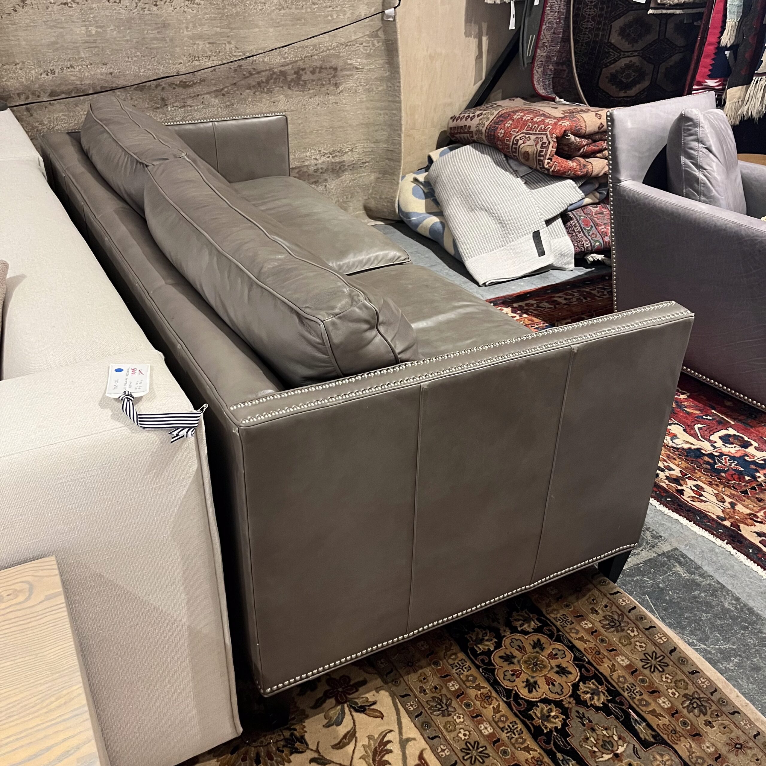 Cottswood Interiors Grey Leather Sofa with Nailhead Detailing - Coast Consignment