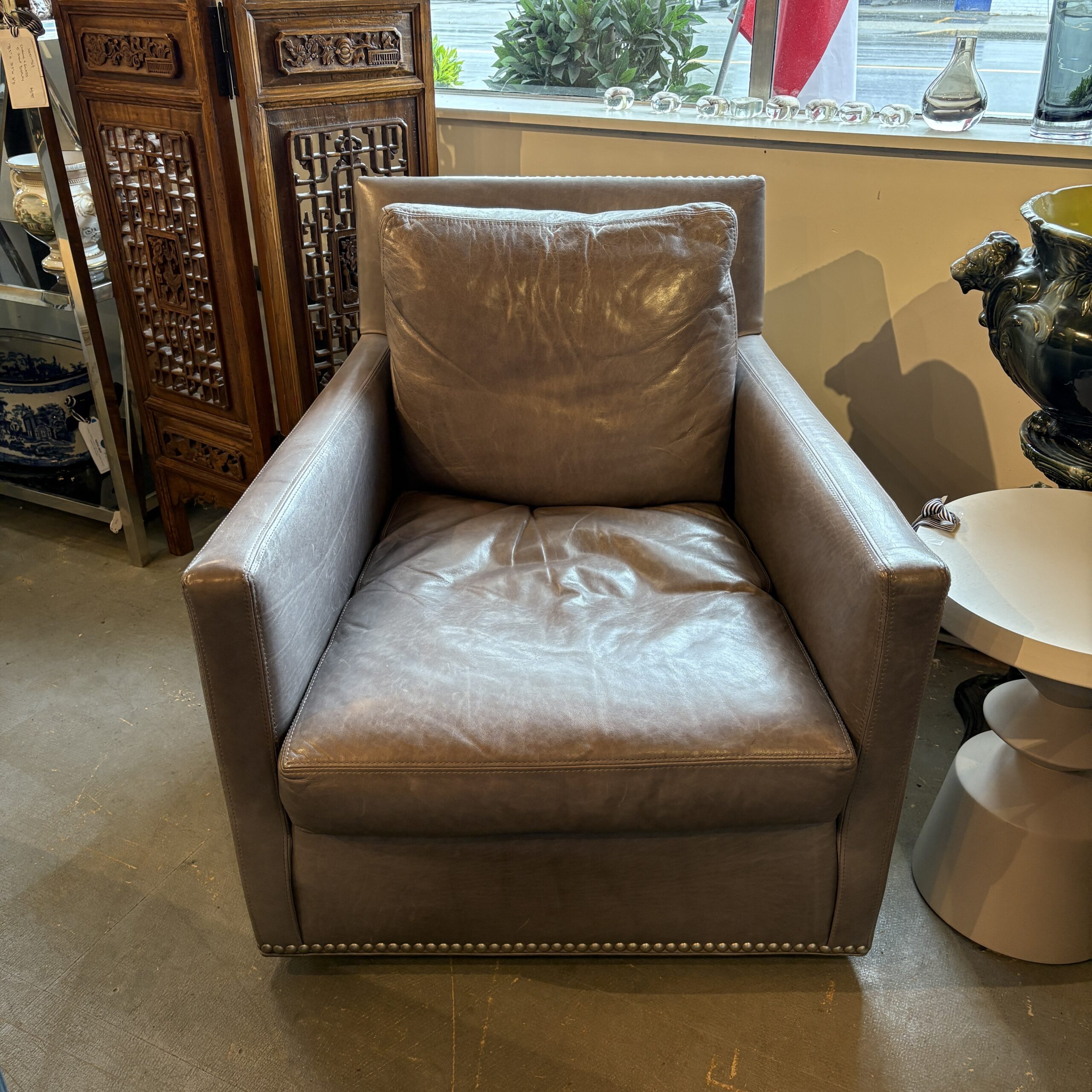 Lee Industries Grey Leather Swivel Chair