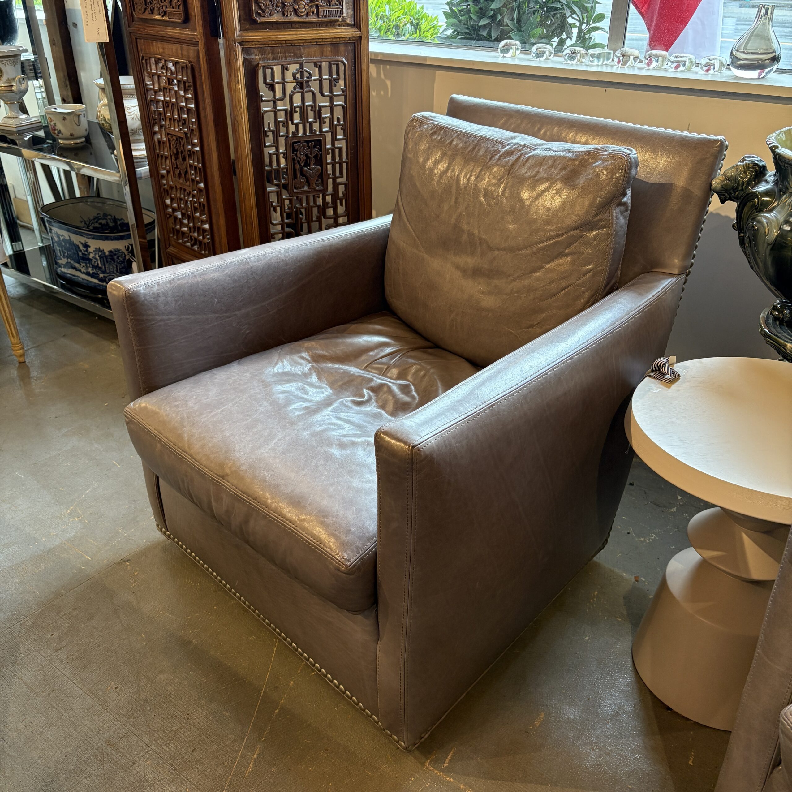 Lee Industries Grey Leather Swivel Chair