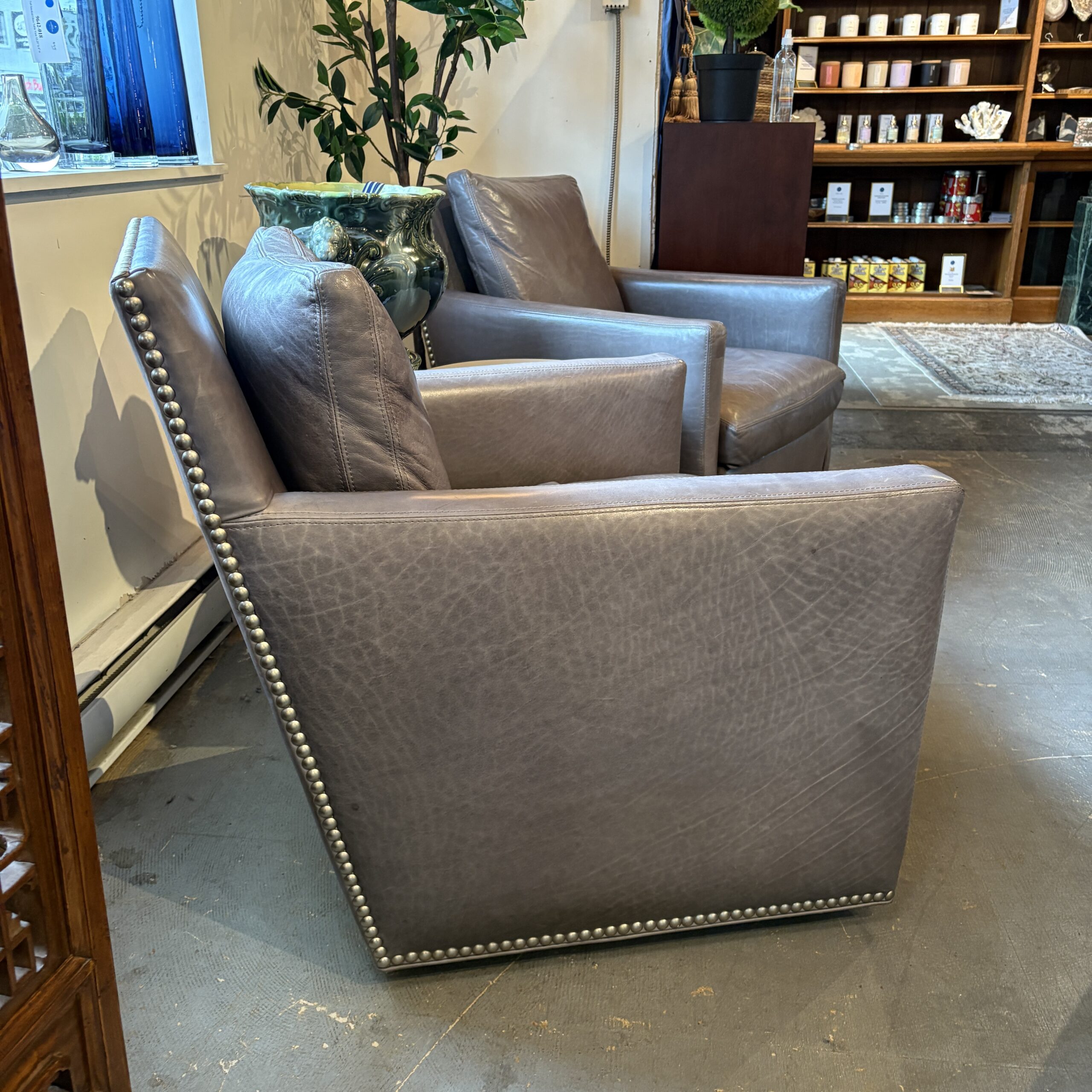 Lee Industries Grey Leather Swivel Chair