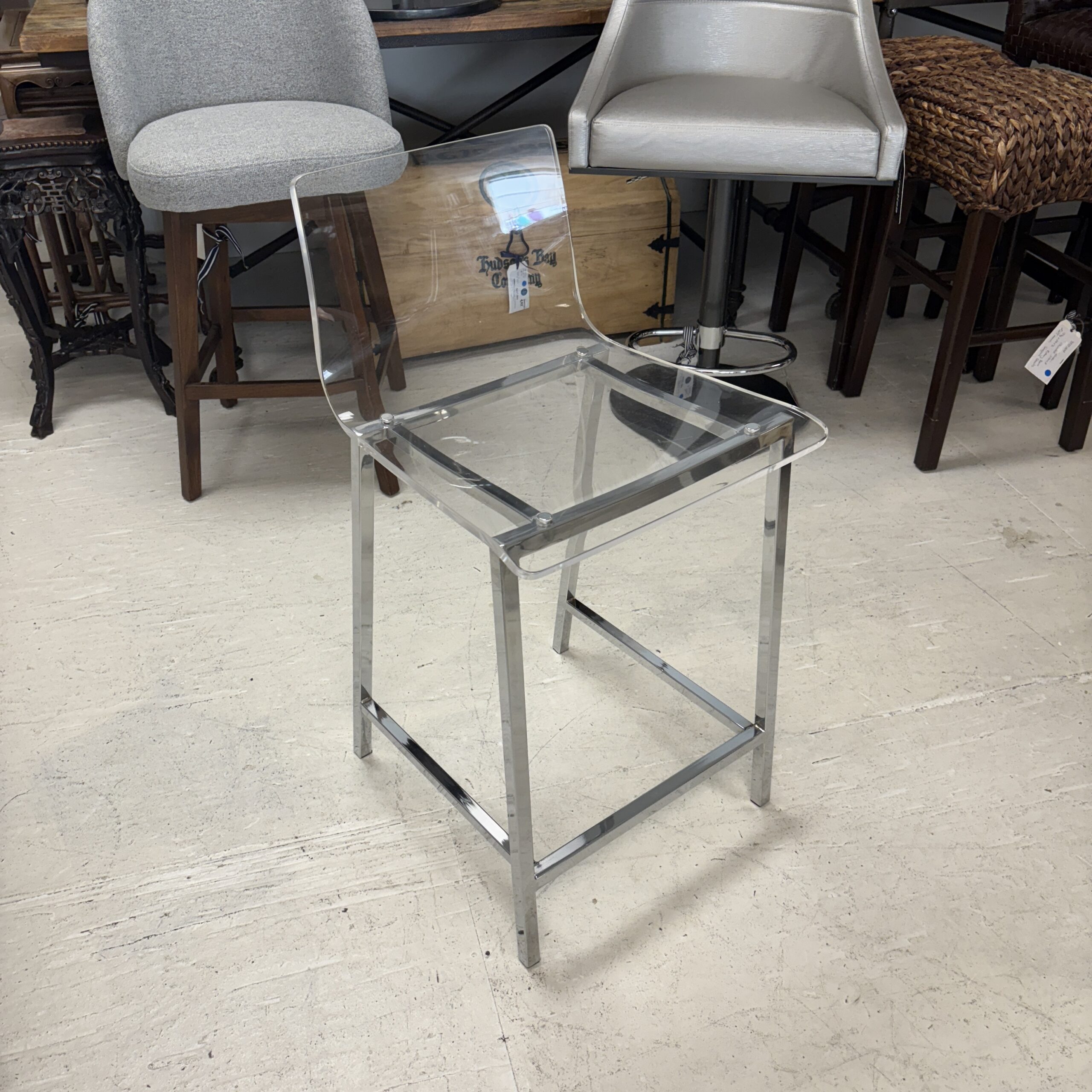 Set of 3 CB2 'Chiaro' Clear Acrylic Counter Stools - Coast Consignment