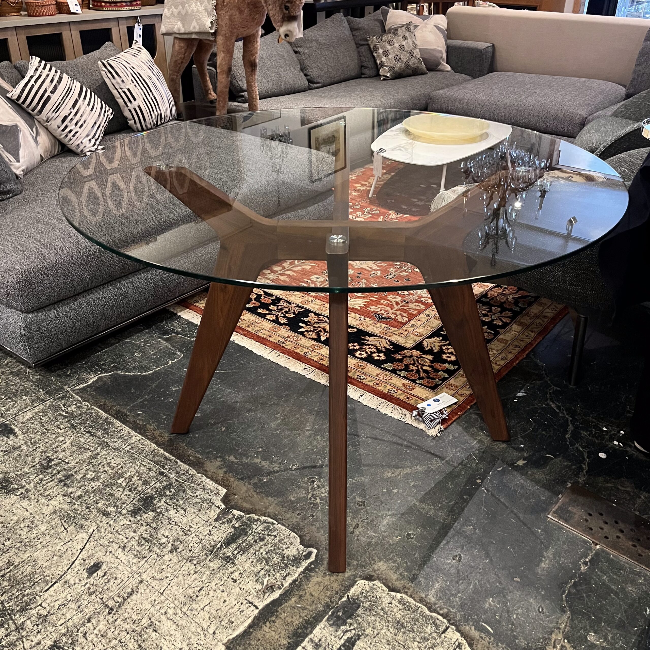 Glass Dining Table with Walnut Legs - Coast Consignment