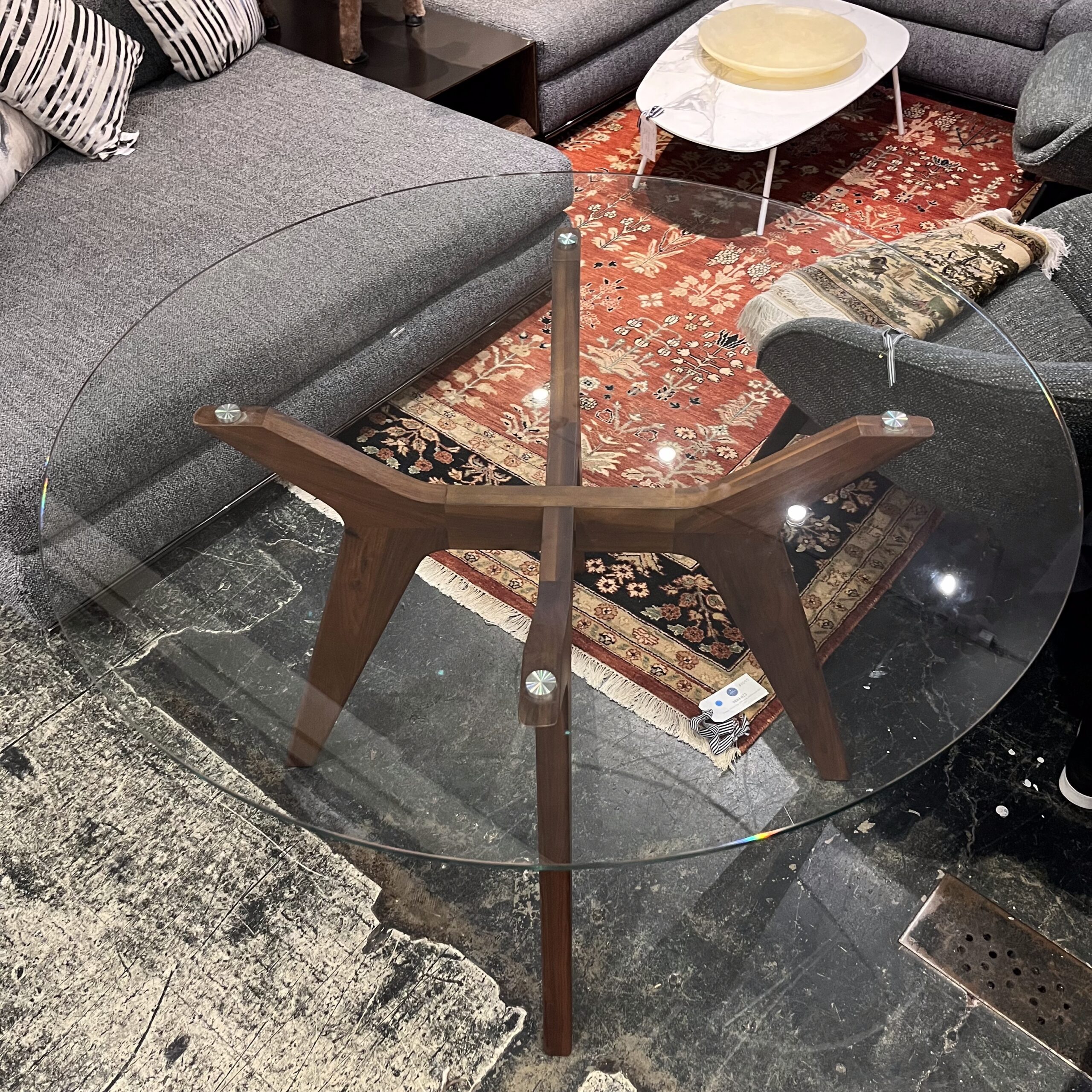 Glass Dining Table with Walnut Legs - Coast Consignment