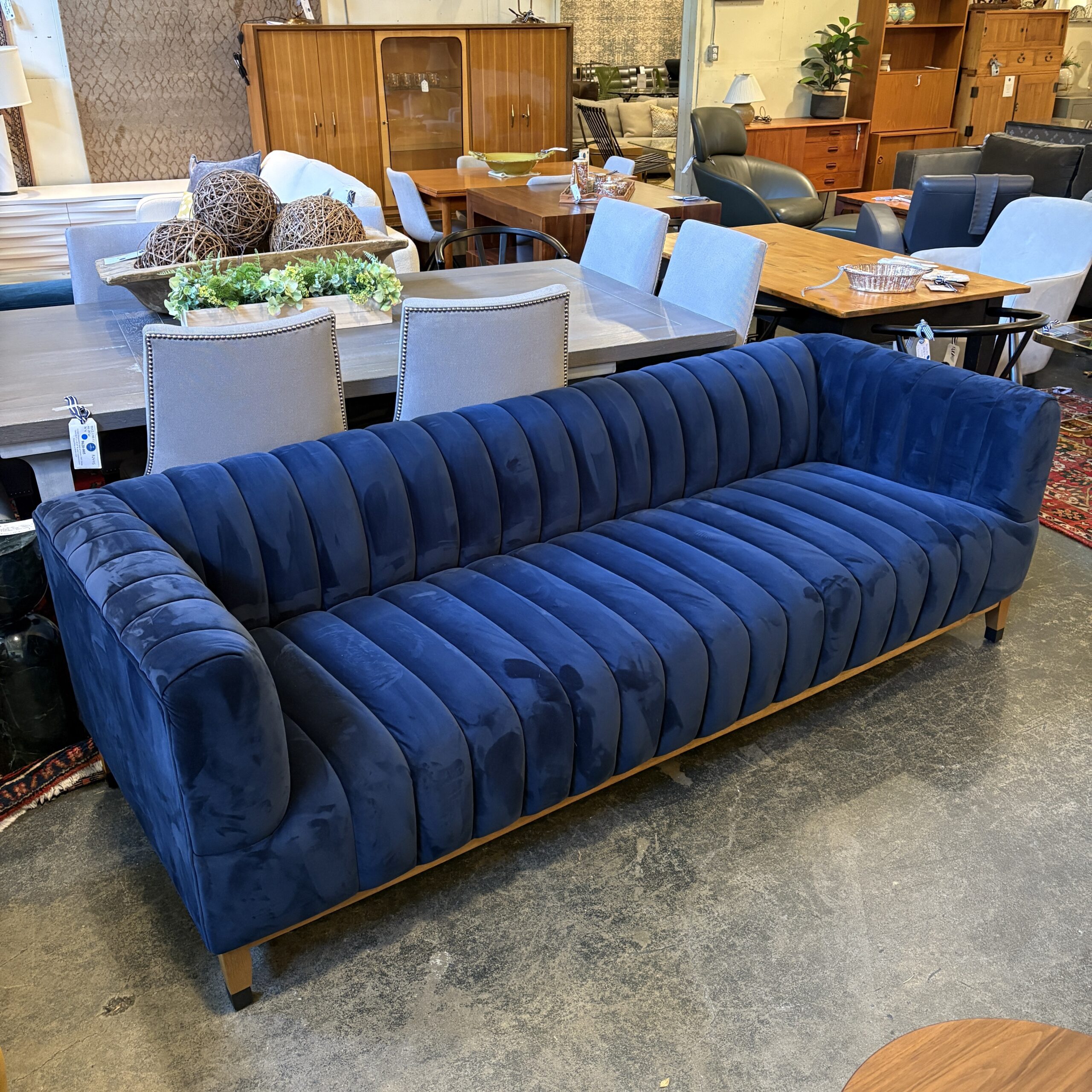Blue Velvet Channel Back Sofa - Coast Consignment