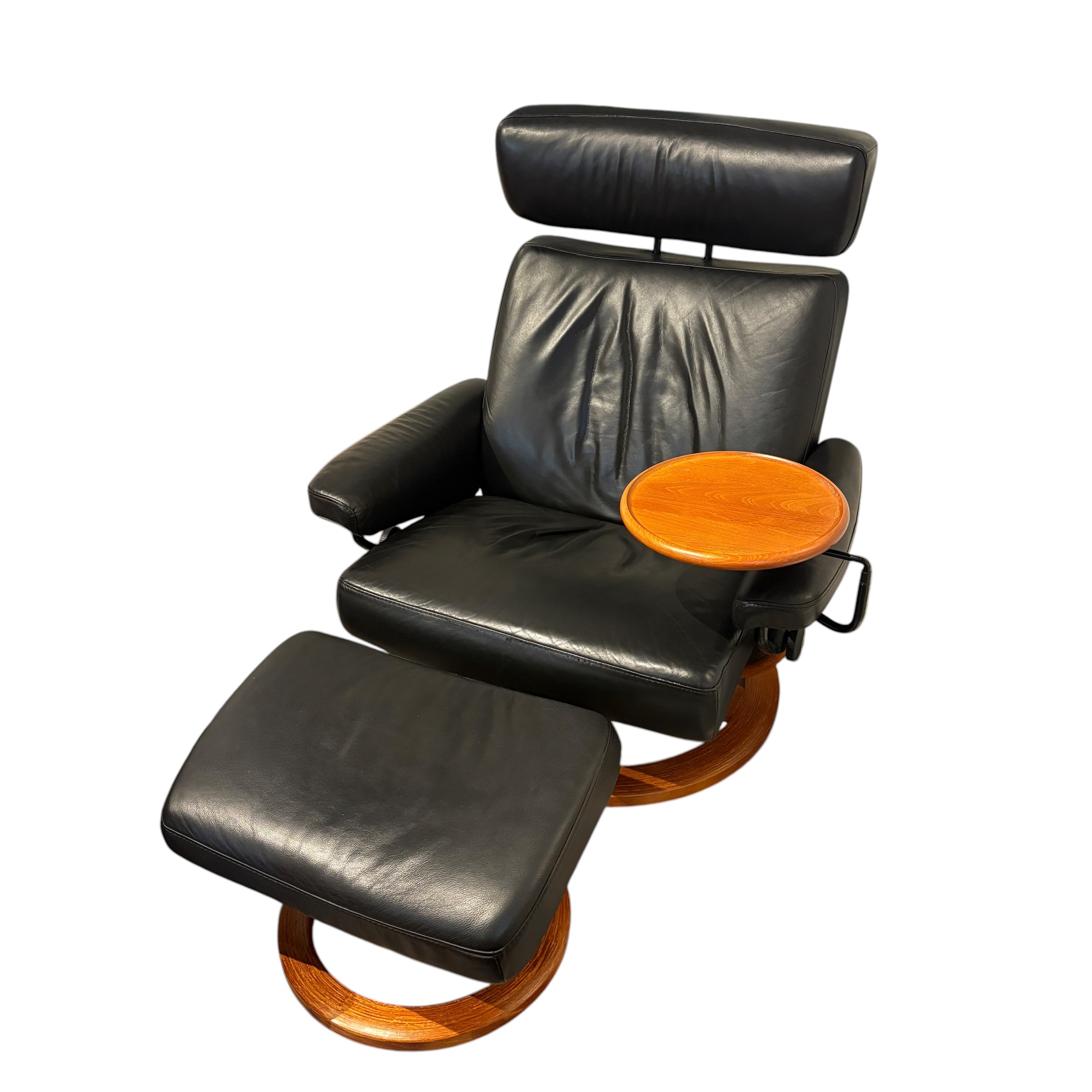 Black Leather Stressless Chair with Ottoman and Swing Arm Table - Coast Consignment - image 1