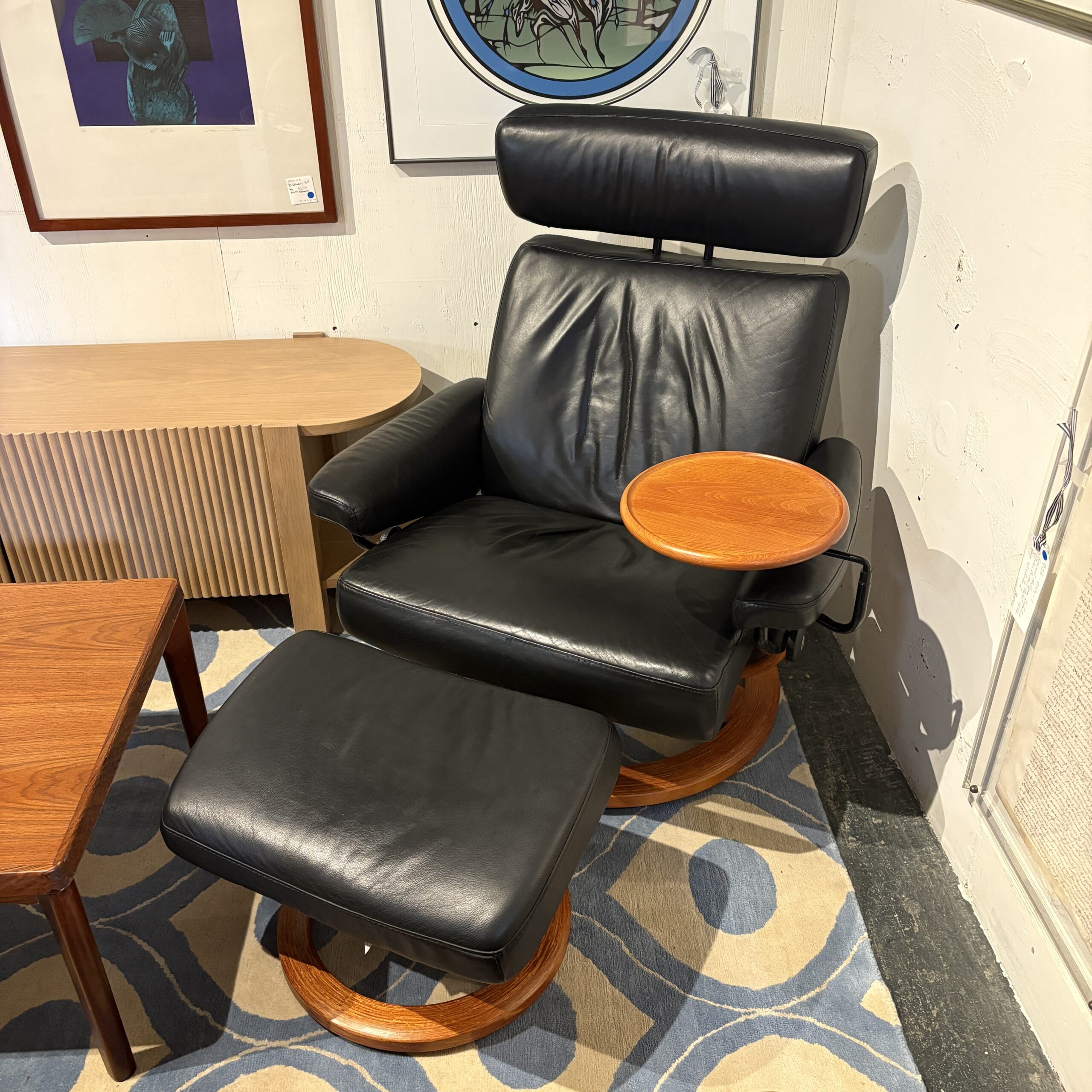 Black Leather Stressless Chair with Ottoman and Swing Arm Table - Coast Consignment