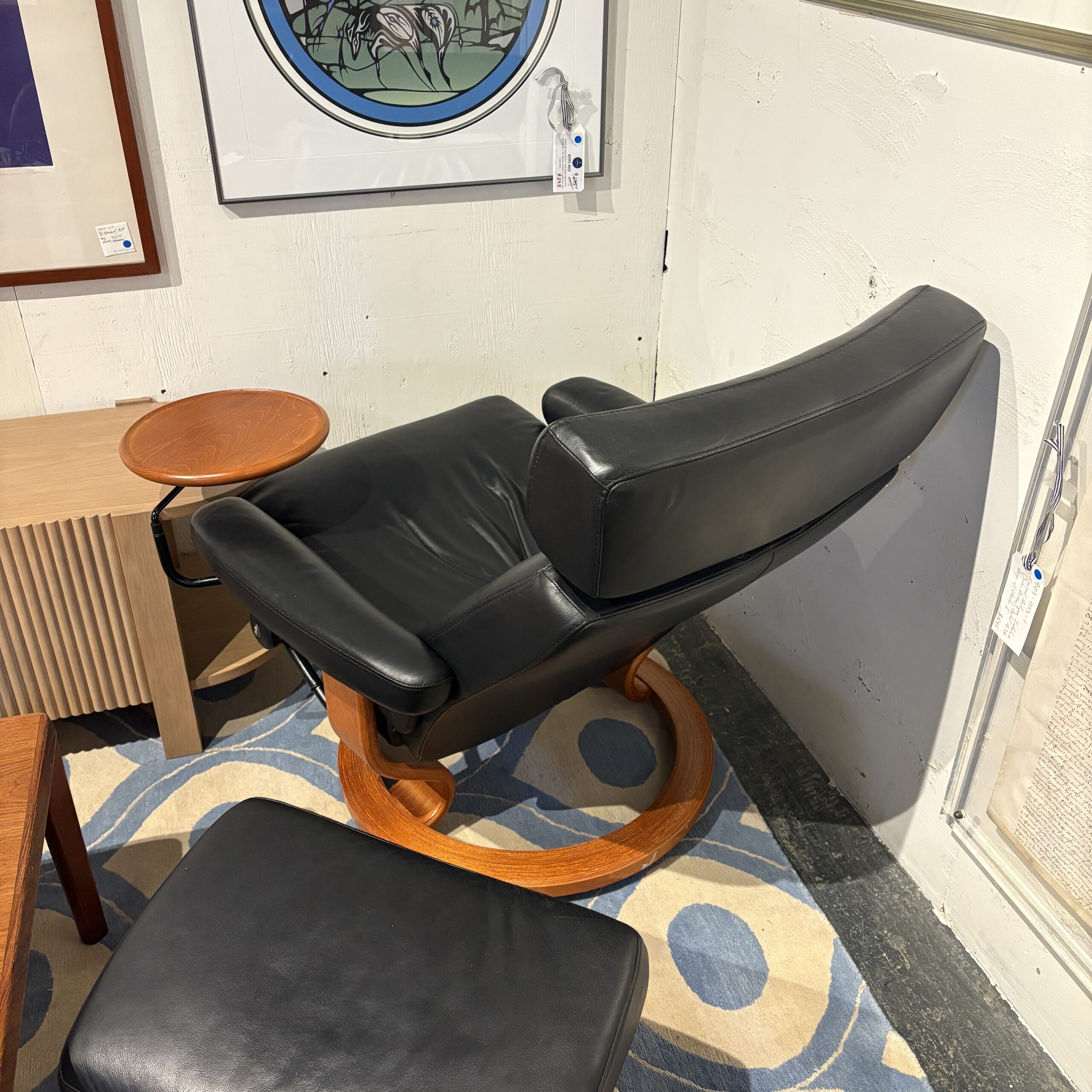 Black Leather Stressless Chair with Ottoman and Swing Arm Table - Coast Consignment