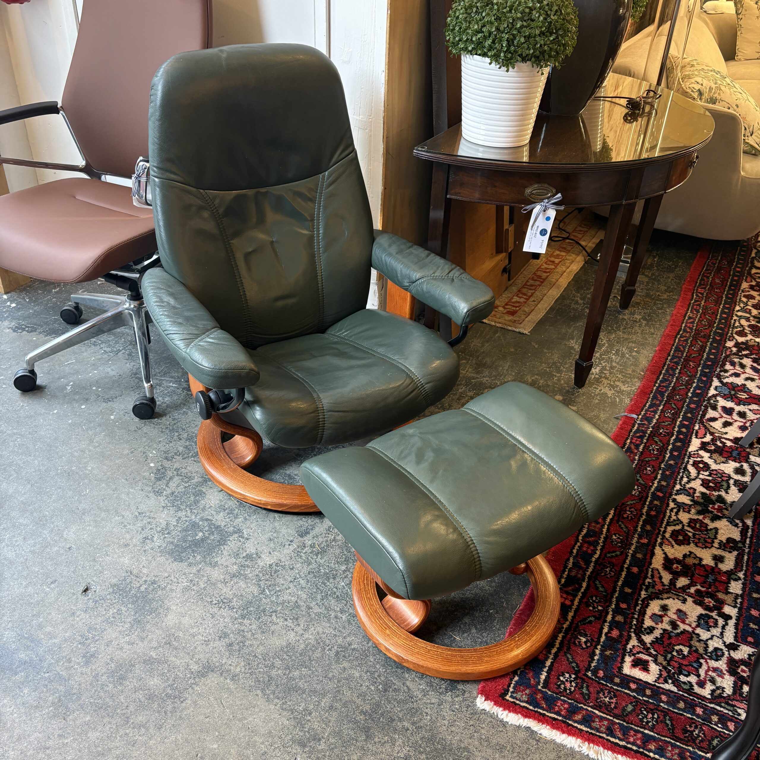 Green Leather Stressless Chair with Ottoman - Coast Consignment