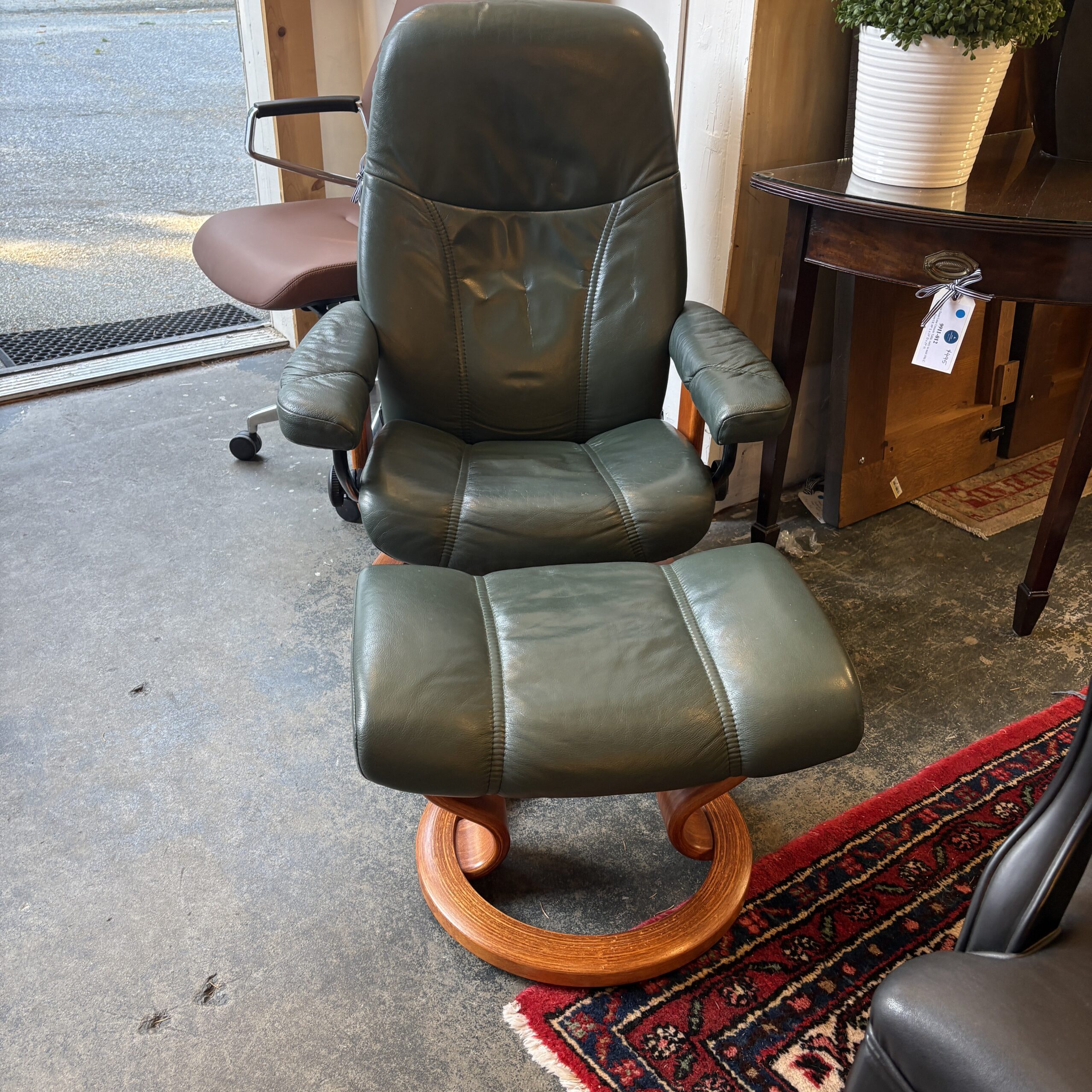 Green Leather Stressless Chair with Ottoman - Coast Consignment