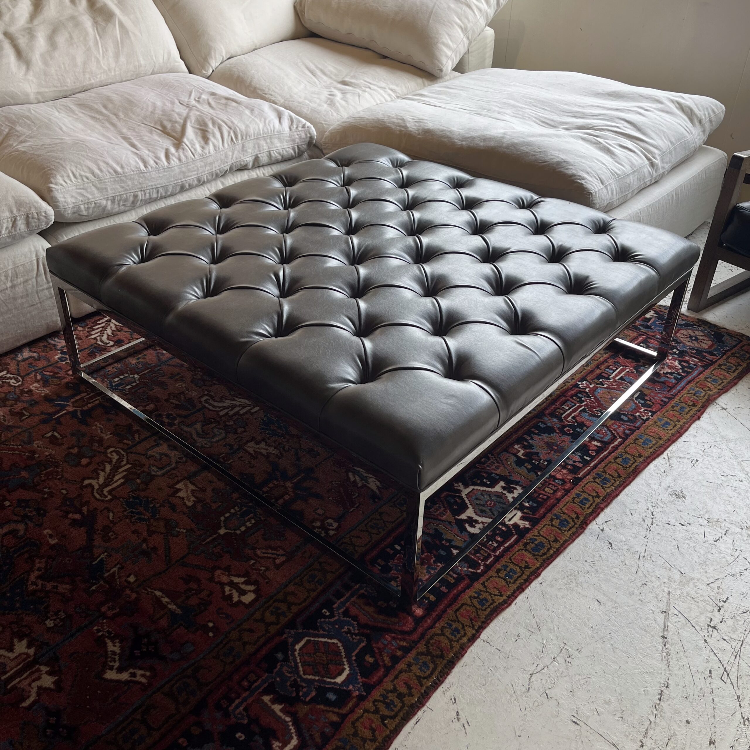 Square Leather Tufted Leather Ottoman - Coast Consignment