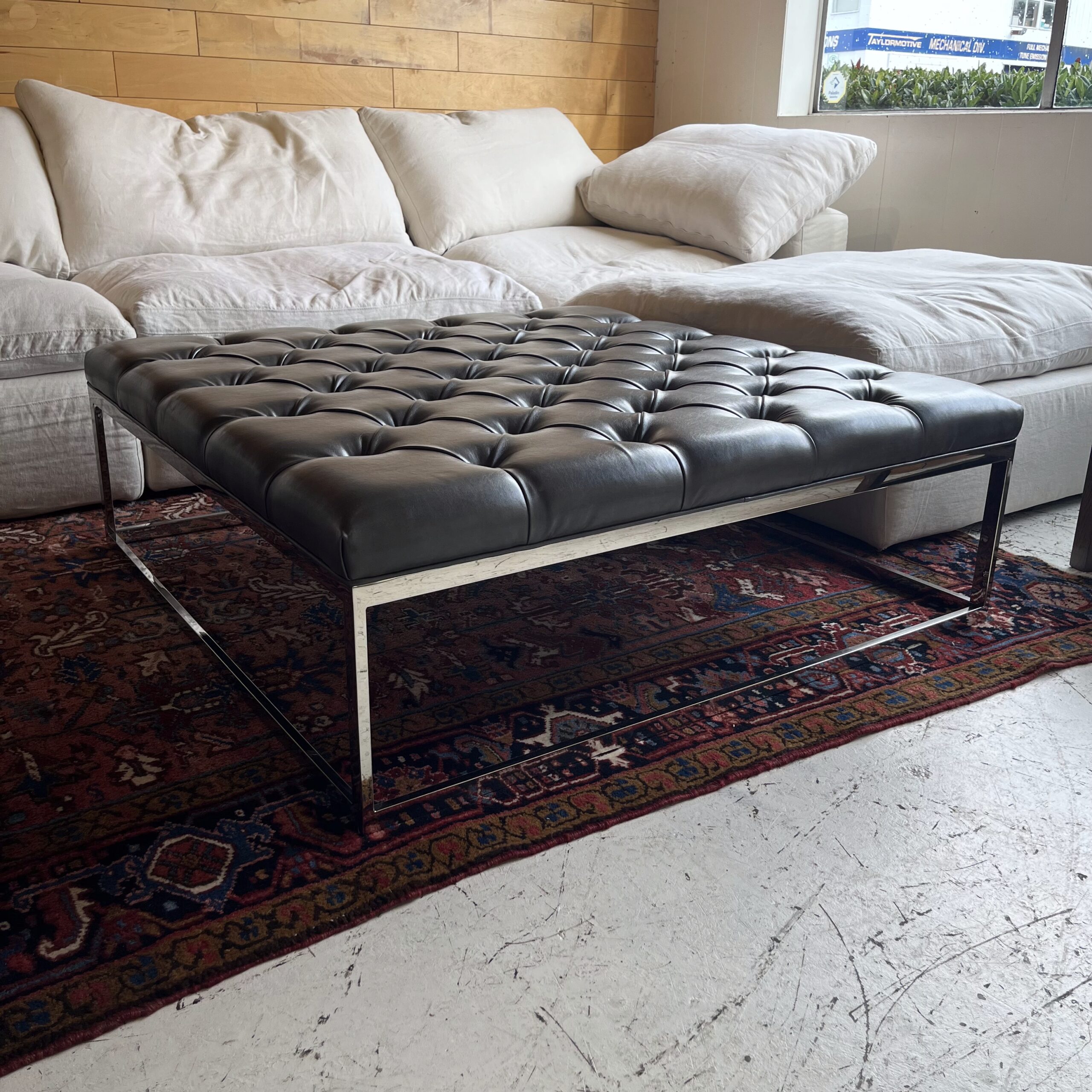 Square Leather Tufted Leather Ottoman - Coast Consignment