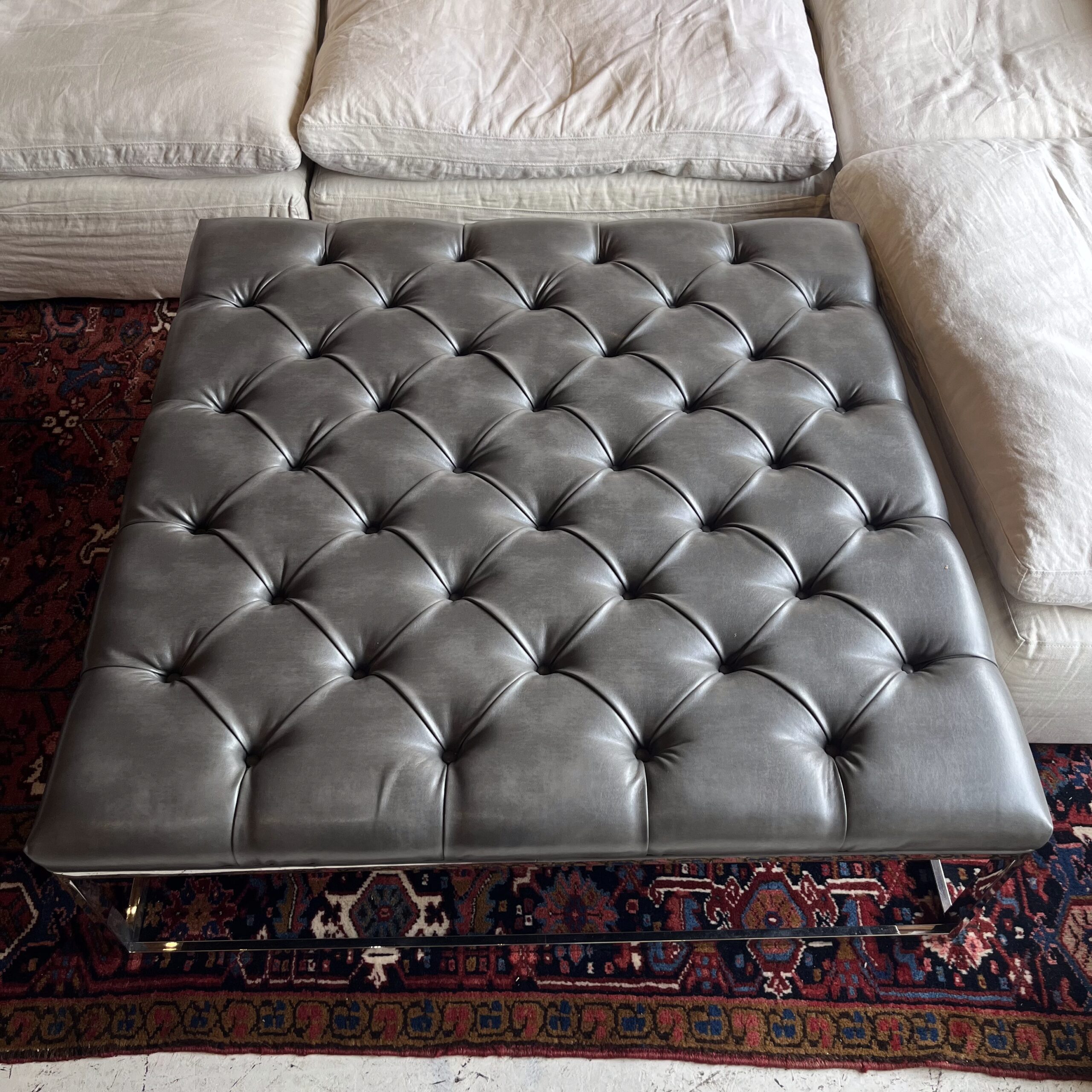 Square Leather Tufted Leather Ottoman - Coast Consignment